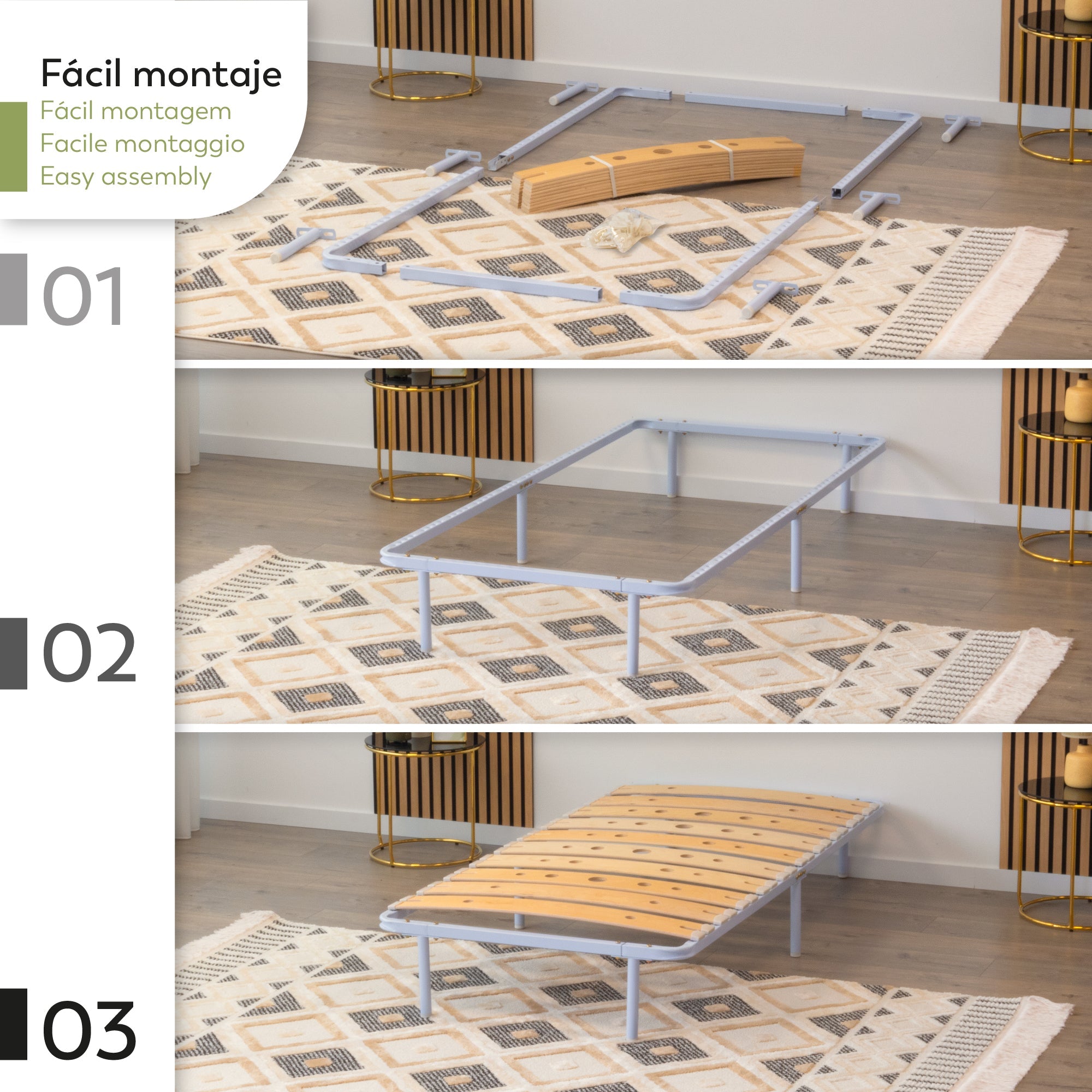 Austen | Somier con láminas de madera de abedul amortiguadas, estructura metálica blanca, altura de 23 cm con espacio de almacenaje inferior
