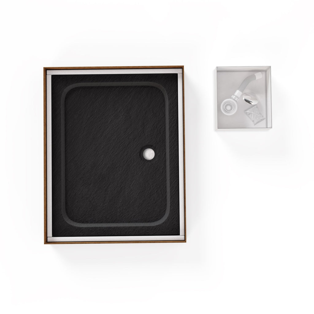 SHIMMER - Piatto doccia nero Stone acrilico, texture pietra, ultrasottile 5 cm, sifone e valvola inclusi