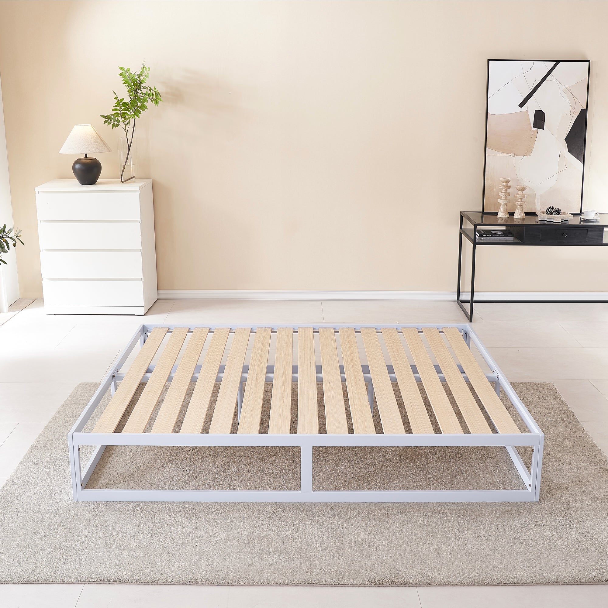 HARUKI - Letto con struttura metallica e doghe in legno naturale, spazio contenitivo di 31,8 cm - Nero o Bianco