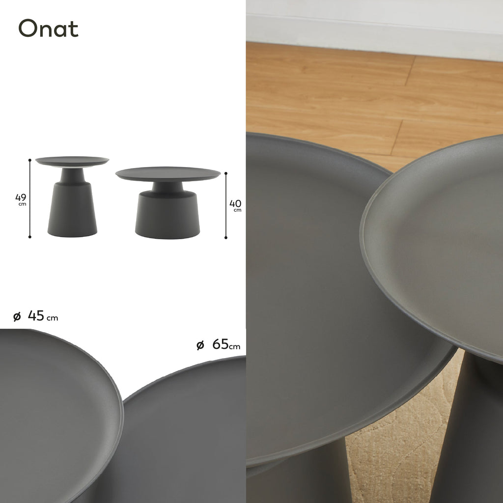 ONAT - Set di 2 tavolini da caffè/centro con struttura metallica e finitura nera (Ø 65 e Ø 45 cm)