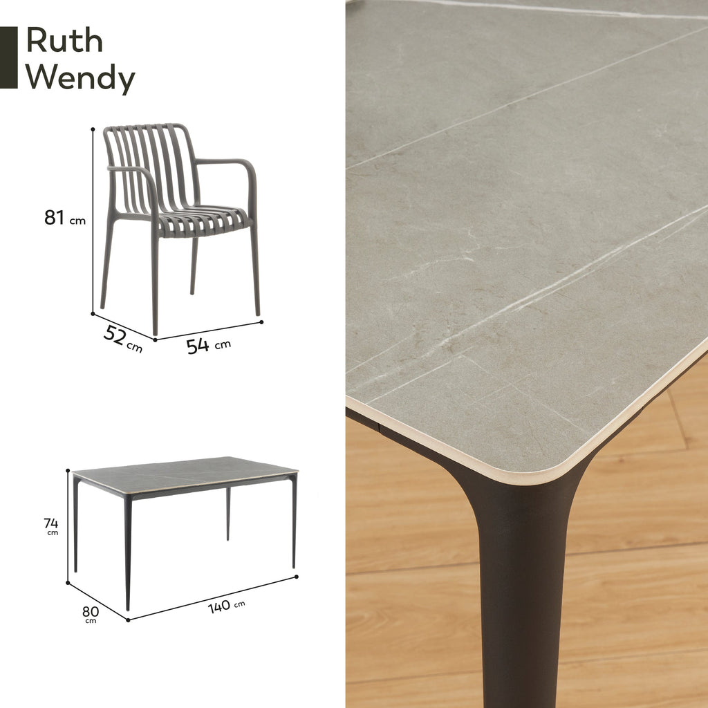 RUTH + WENDY | Conjunto de mesa 140x80 cm en cerámica sinterizada y 4 o 6 sillas de polipropileno para interior y exterior