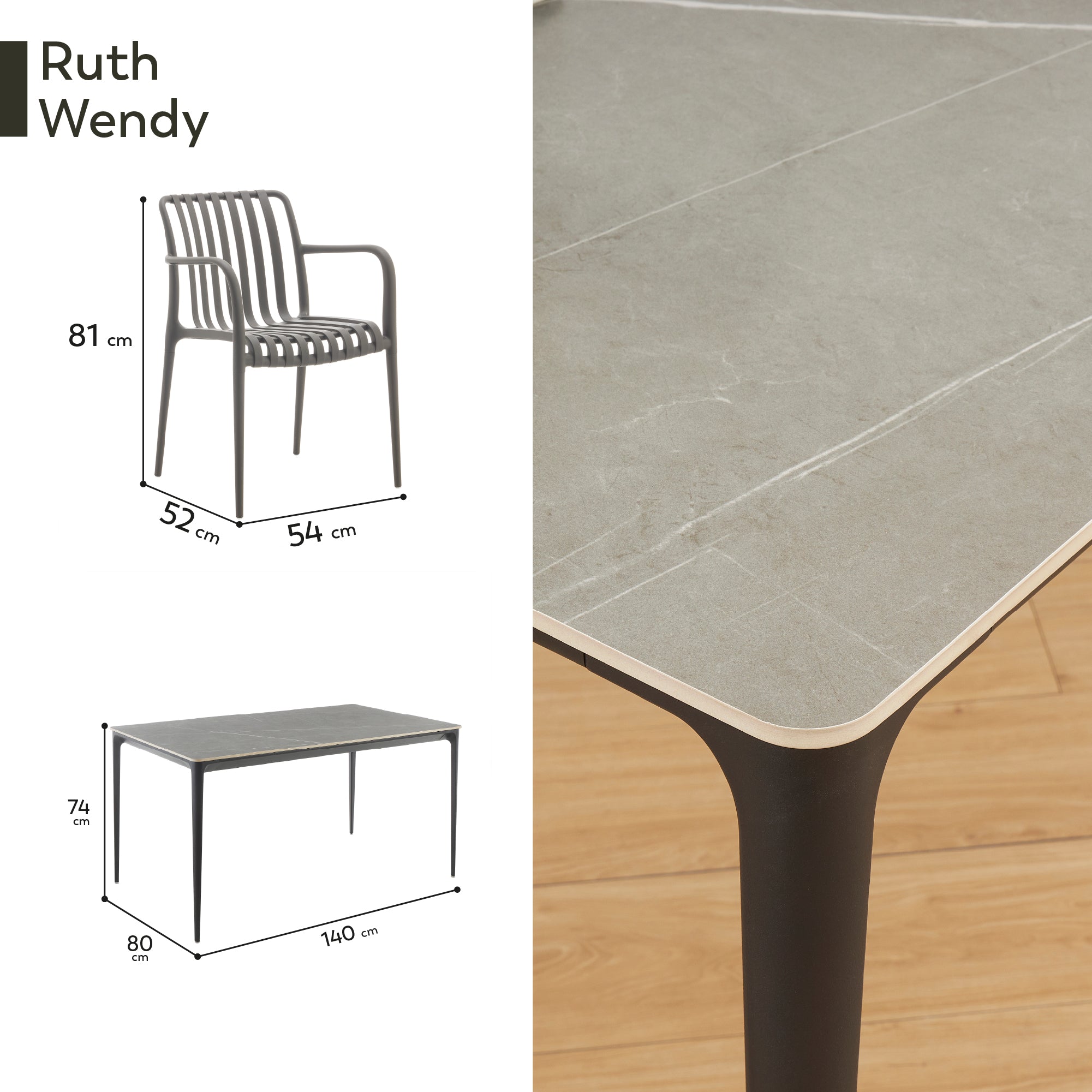 RUTH + WENDY | Conjunto de mesa 140x80 cm en cerámica sinterizada y 4 o 6 sillas de polipropileno para interior y exterior