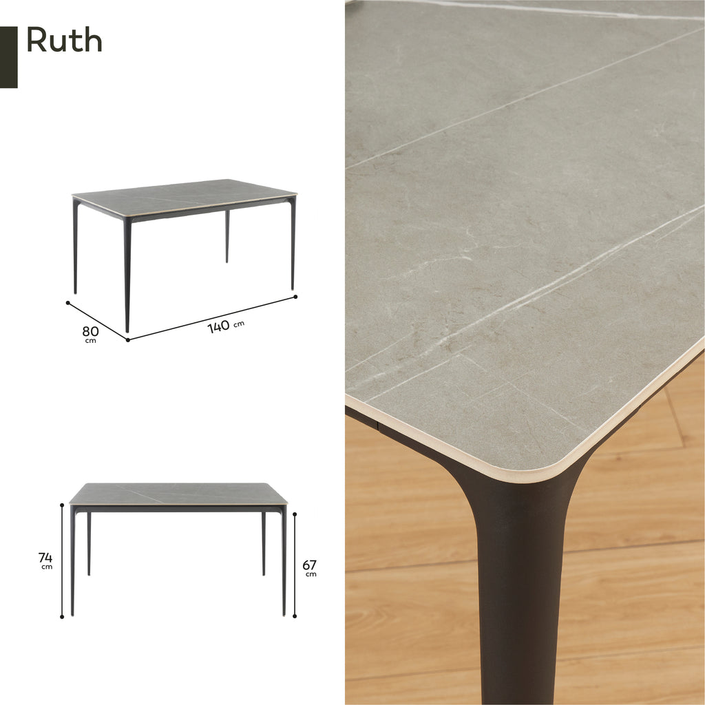 RUTH - Mesa de refeição para interior e exterior em cerâmica com efeito pedra e alumínio, 140x80 cm