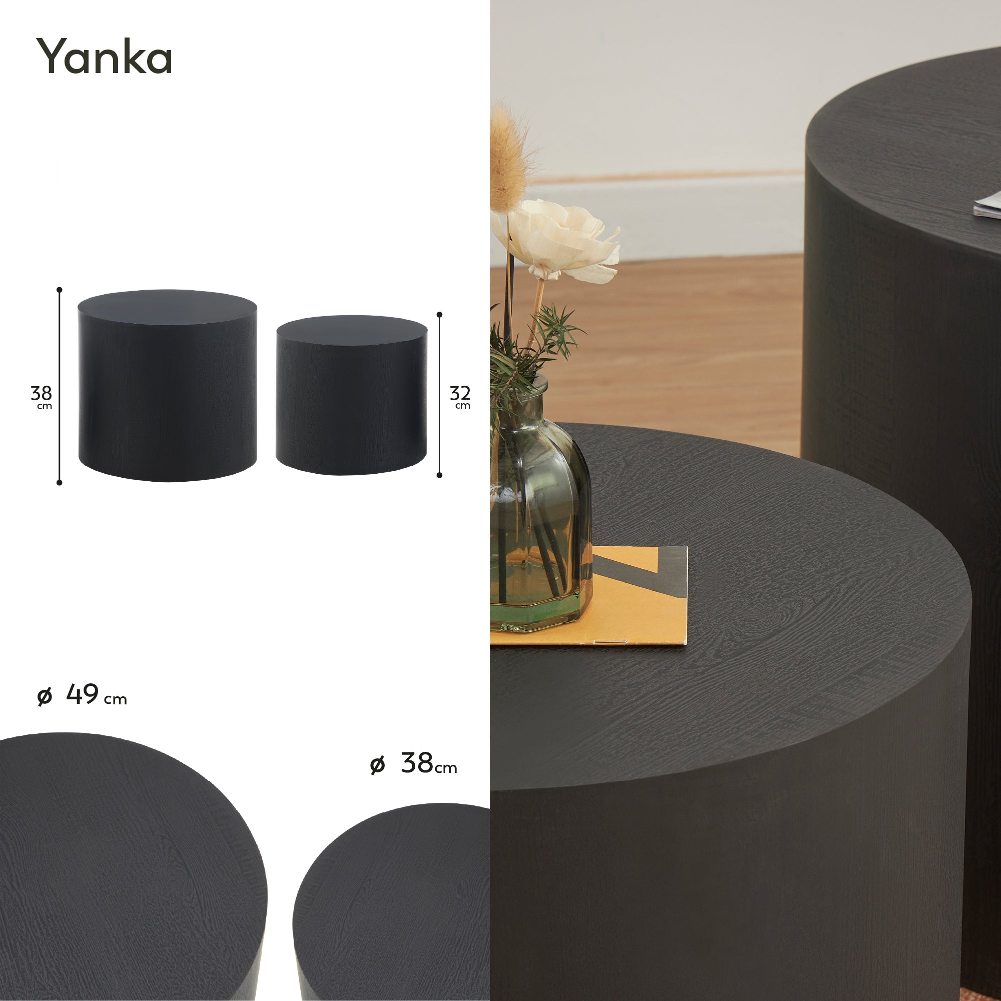 YANKA - Set di 2 tavolini da caffè in MDF nero opaco - Ø 49 e Ø 38 cm