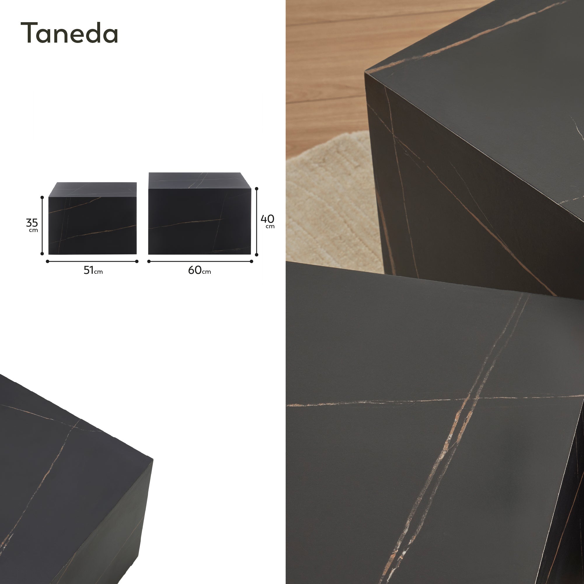 TANEDA - Conjunto de 2 mesas de centro quadradas em MDF preto com veios decorativos – 60 e 51 cm