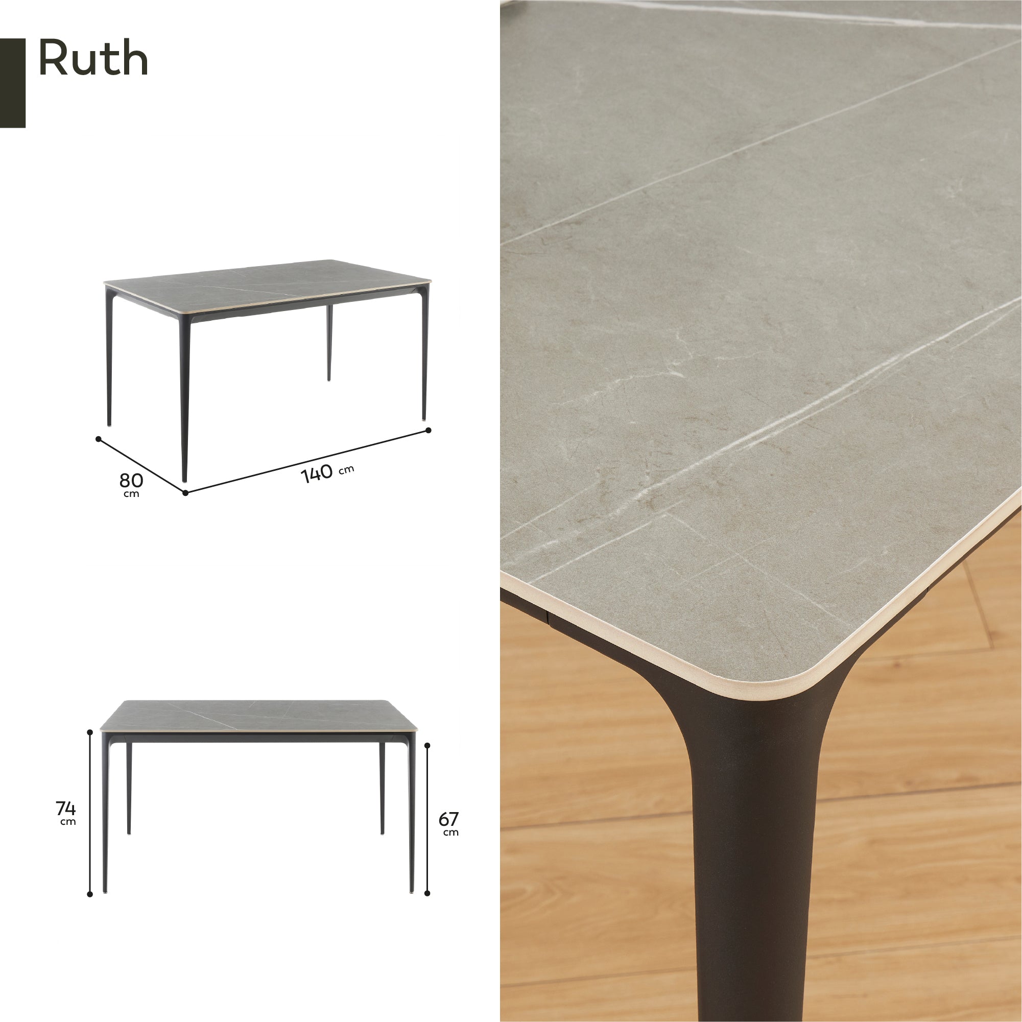 RUTH - Mesa de comedor 140x80 cm para interior y exterior, tablero de cerámica sinterizada efecto piedra y estructura de aluminio negro