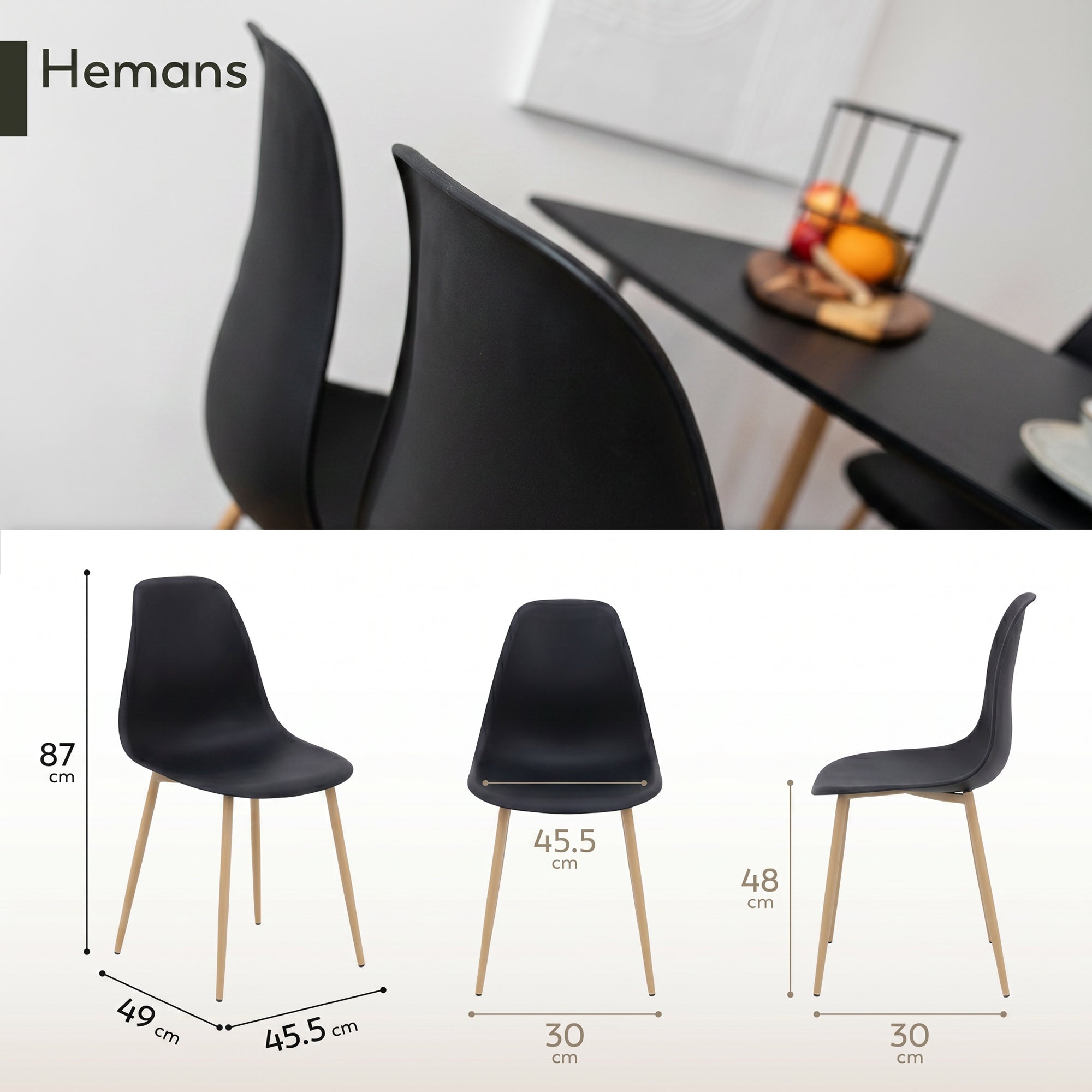 HEMANS - Conjunto de 4 cadeiras de jantar com encosto alto, pernas metálicas efeito madeira e pés antiderrapantes
