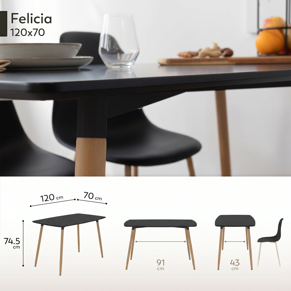 FELICIA - Mesa de jantar – Estrutura metálica efeito madeira, pés antiderrapantes, montagem fácil