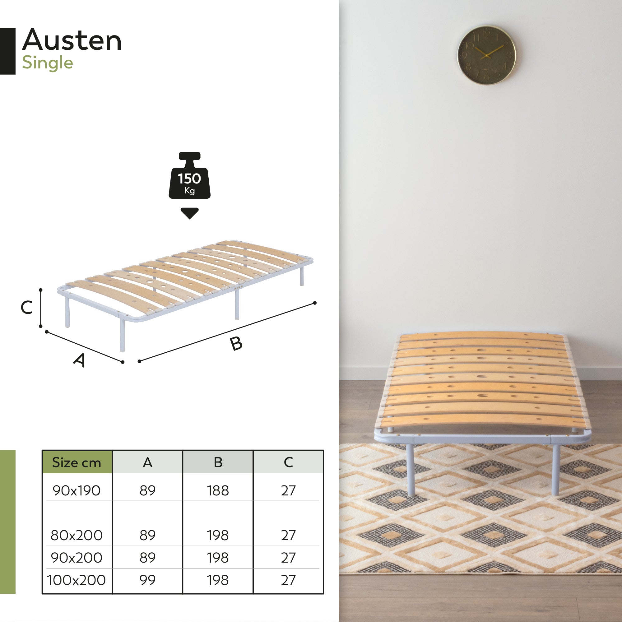 Austen | Somier con láminas de madera de abedul amortiguadas, estructura metálica blanca, altura de 23 cm con espacio de almacenaje inferior