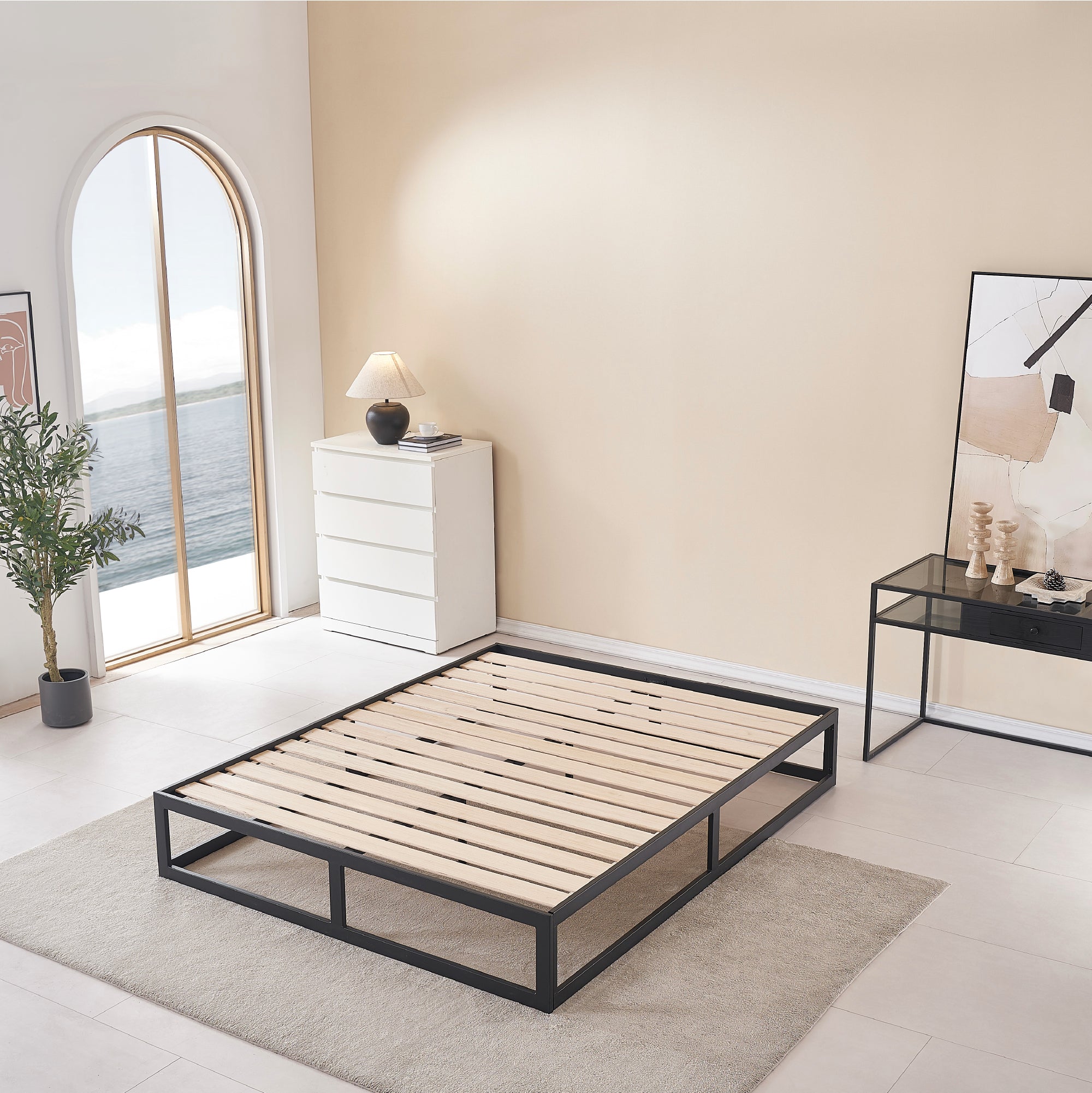HARUKI - Letto con struttura metallica e doghe in legno naturale, spazio contenitivo di 31,8 cm - Nero o Bianco