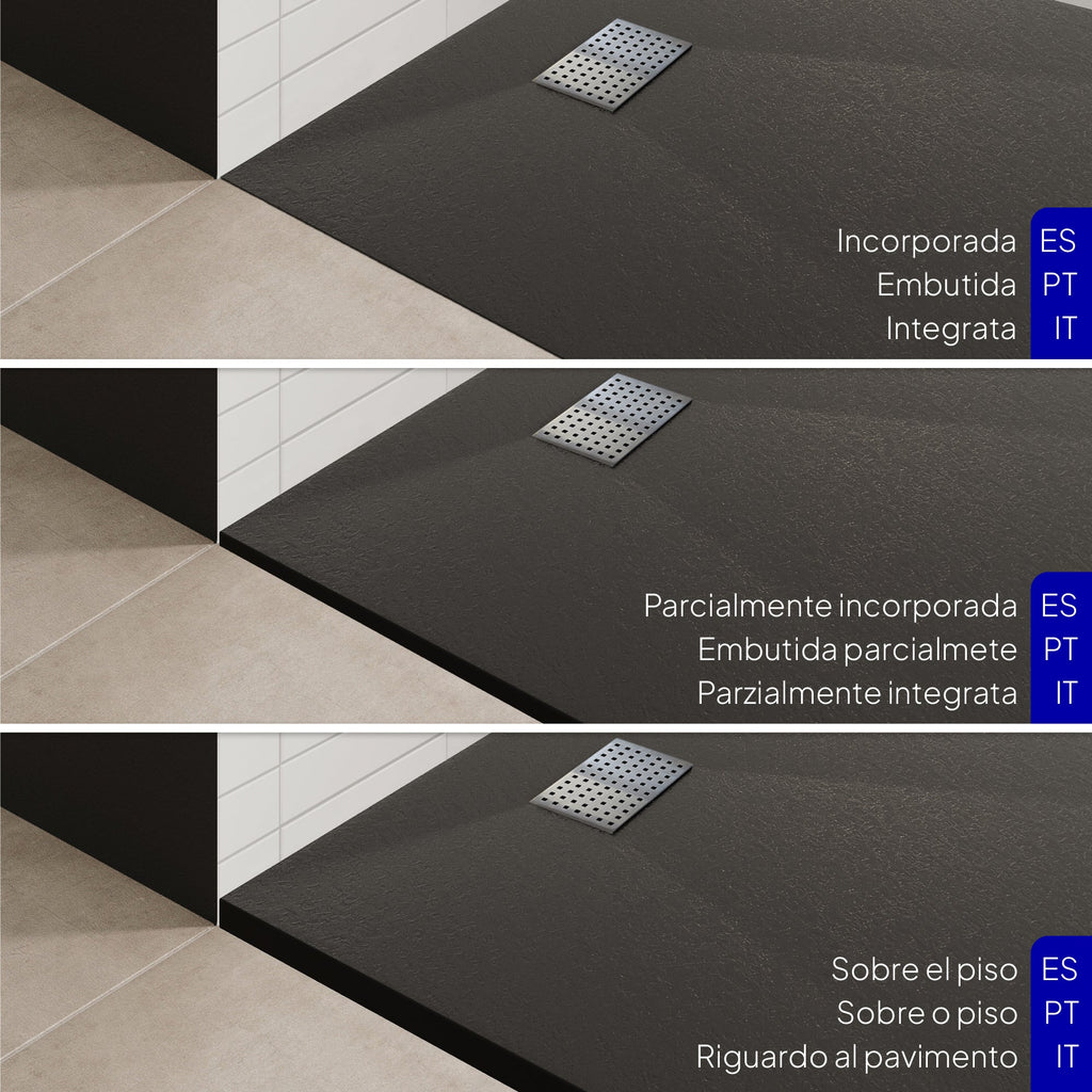 BOREAL - Base de duche preta RAL 7021 SMC antiderrapante GRIPSTONE com sifão incluído