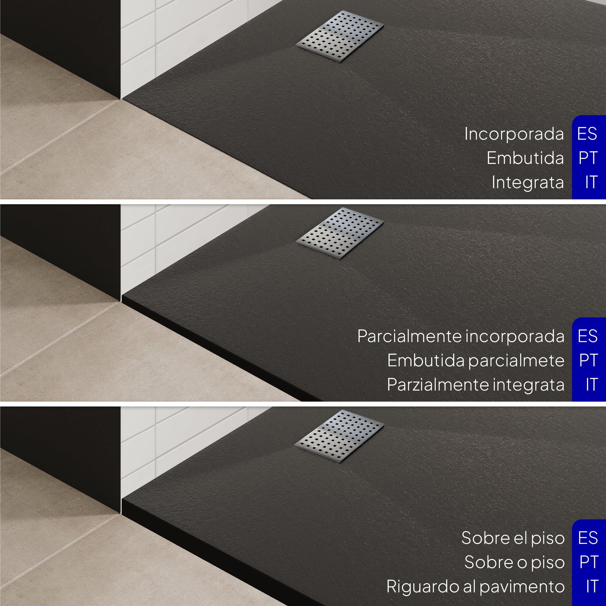 BOREAL - Base de duche preta RAL 7021 SMC antiderrapante GRIPSTONE com sifão incluído