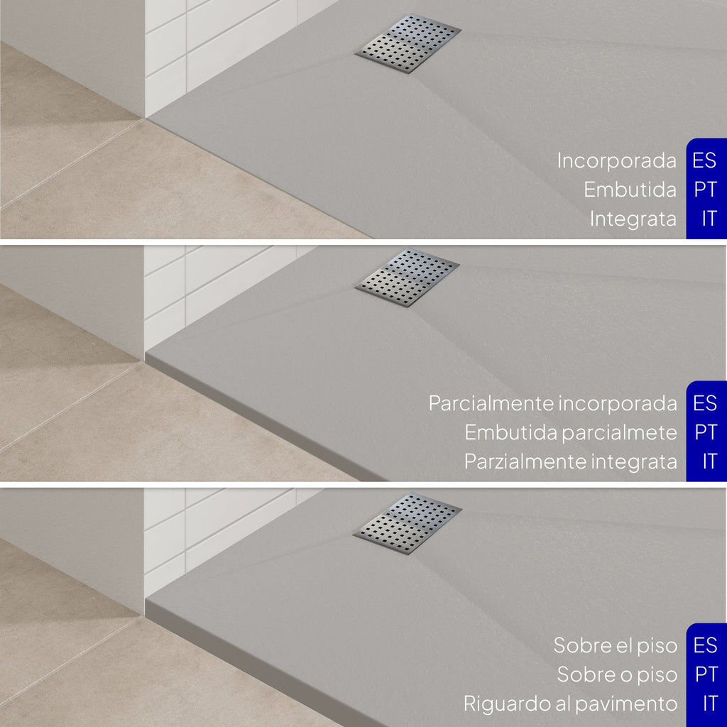 BOREAL - Base de duche cinzenta RAL 7030 SMC antiderrapante GRIPSTONE com sifão incluído