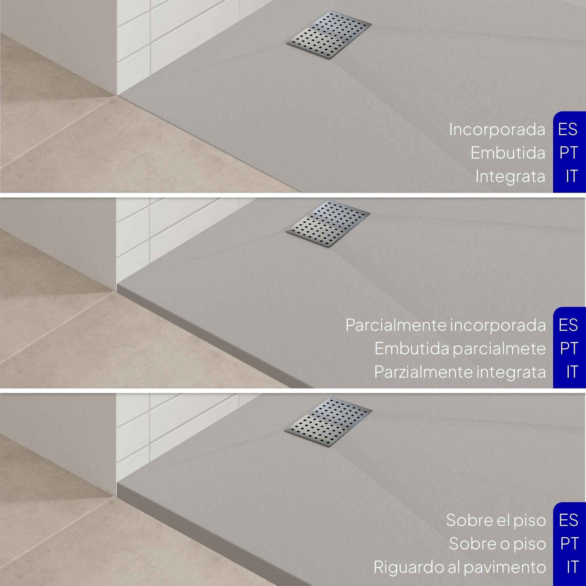 BOREAL - Base de duche cinzenta RAL 7030 SMC antiderrapante GRIPSTONE com sifão incluído