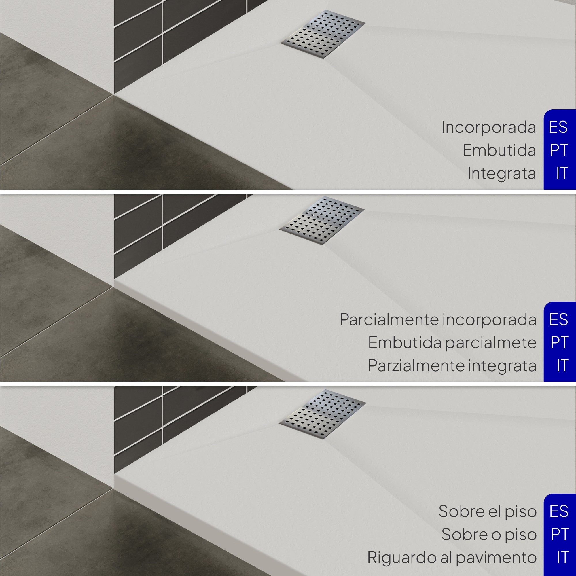 BOREAL - Base de duche branca RAL 9016 SMC antiderrapante GRIPSTONE com sifão incluído