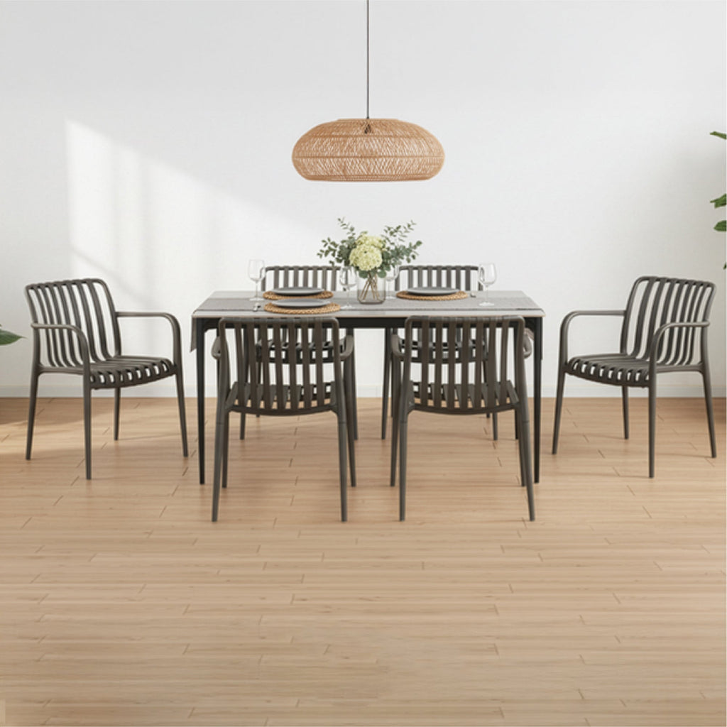 RUTH + WENDY | Conjunto de mesa 140x80 cm en cerámica sinterizada y 4 o 6 sillas de polipropileno para interior y exterior