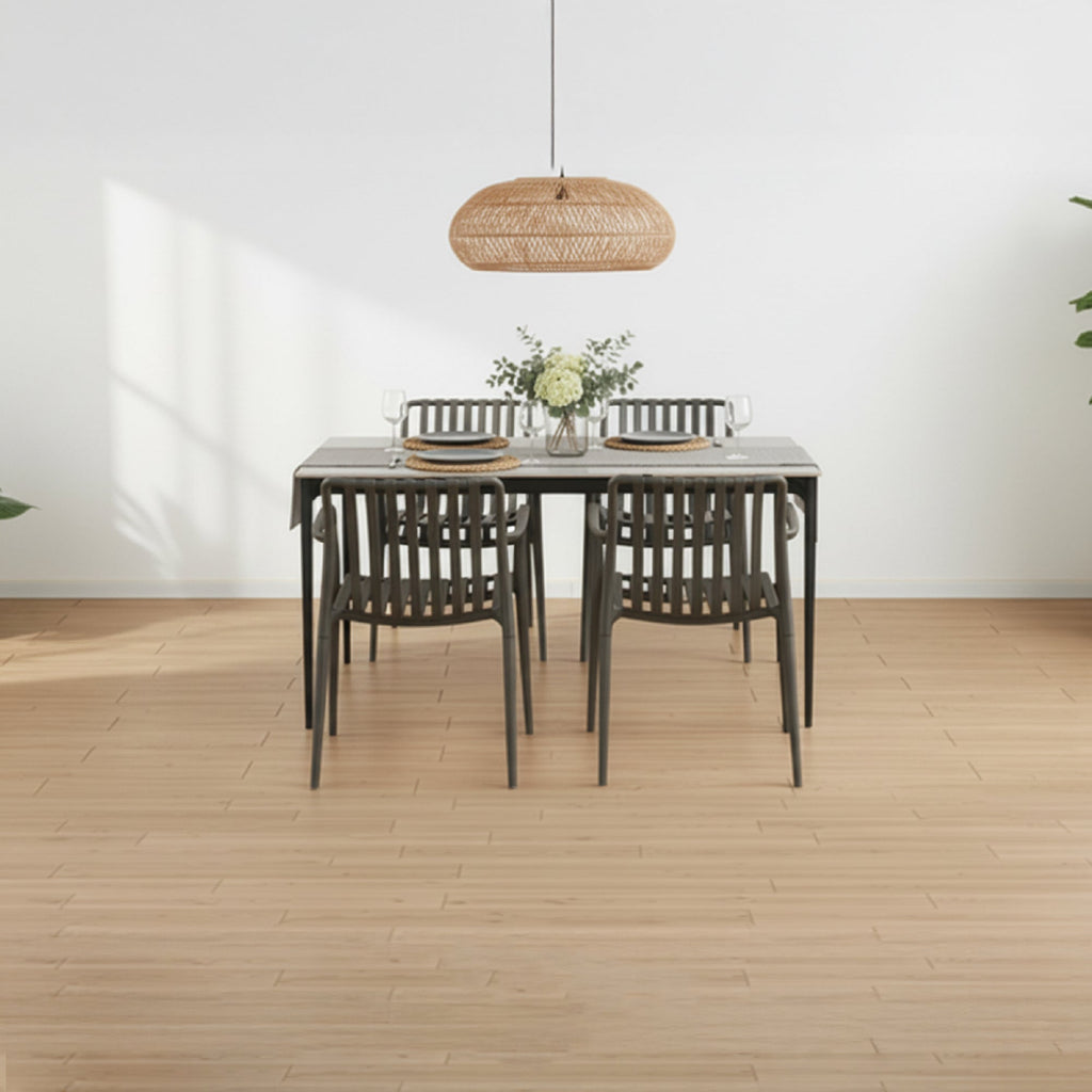 RUTH + WENDY | Conjunto de mesa 140x80 cm en cerámica sinterizada y 4 o 6 sillas de polipropileno para interior y exterior