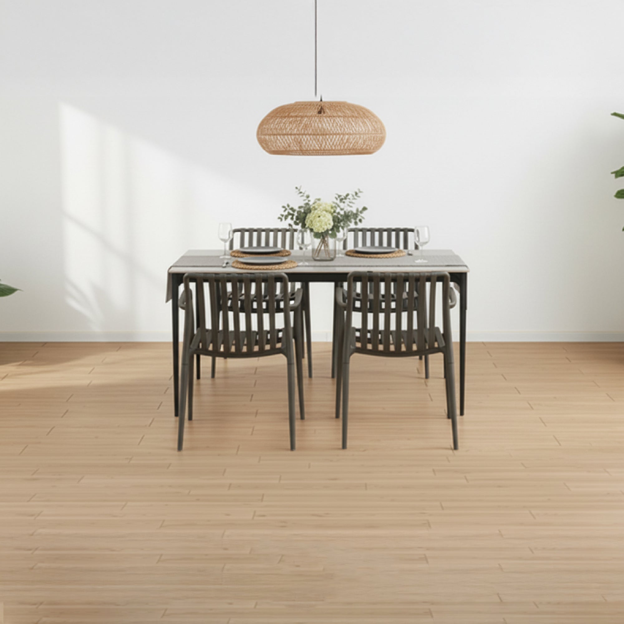 RUTH + WENDY | Conjunto de mesa 140x80 cm en cerámica sinterizada y 4 o 6 sillas de polipropileno para interior y exterior