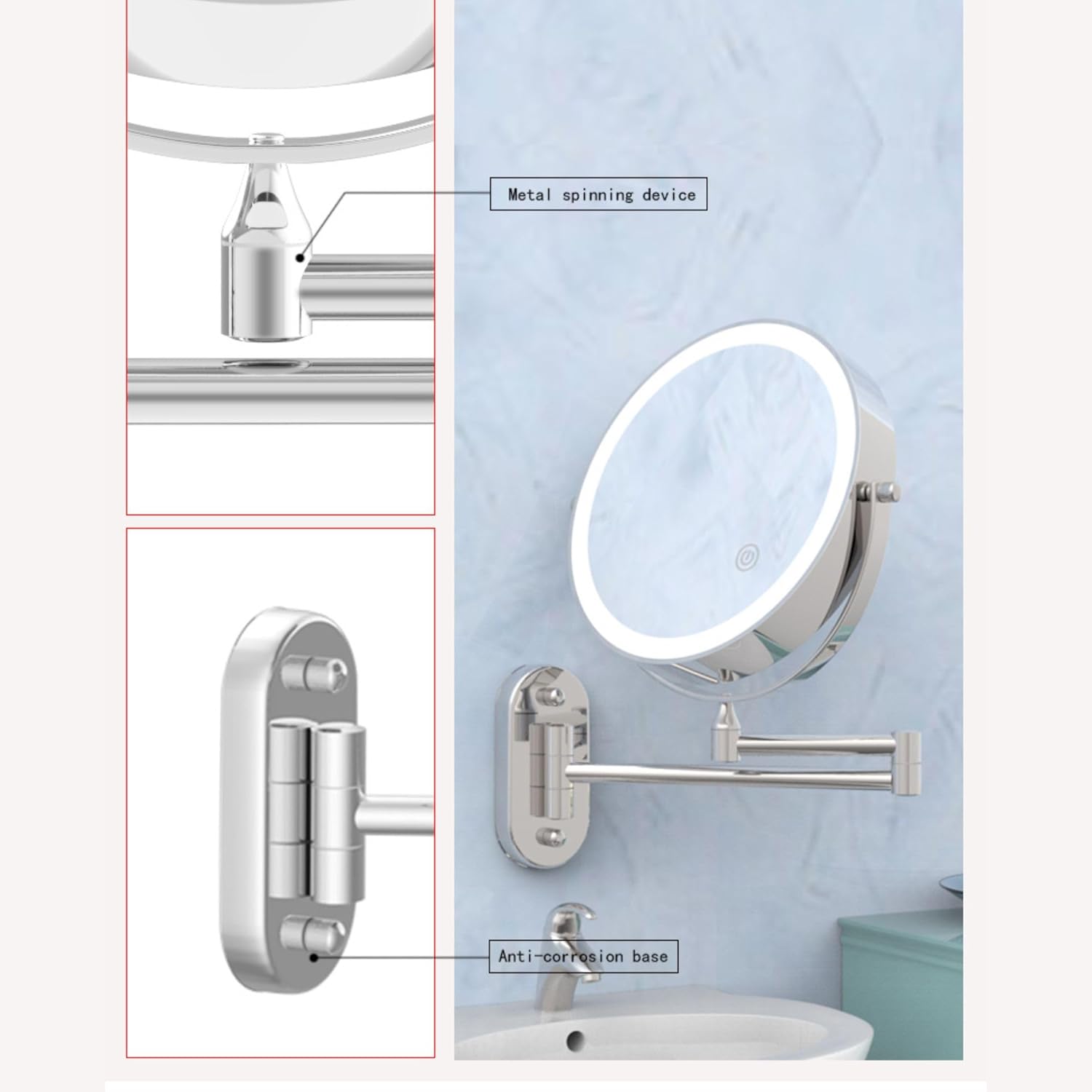 Specchio da barba/trucco ricaricabile con LED, ingrandimento 5X, rotazione 360º