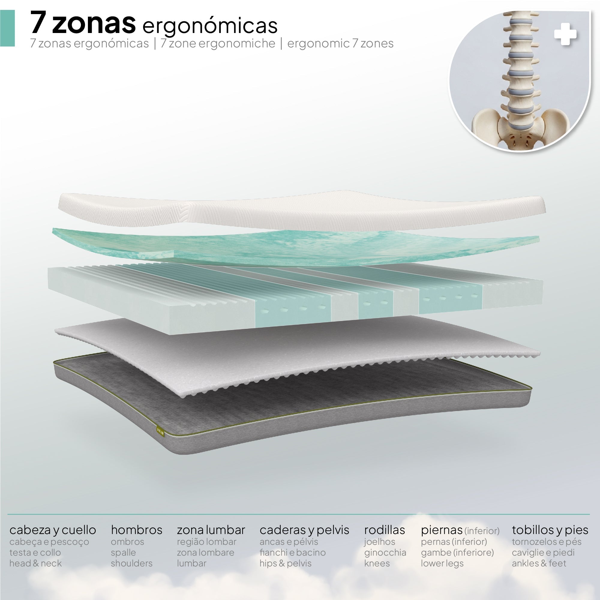 SLICK - Colchão viscoelástico reversível com 7 Zonas ergonómicas e espuma Green Tea
