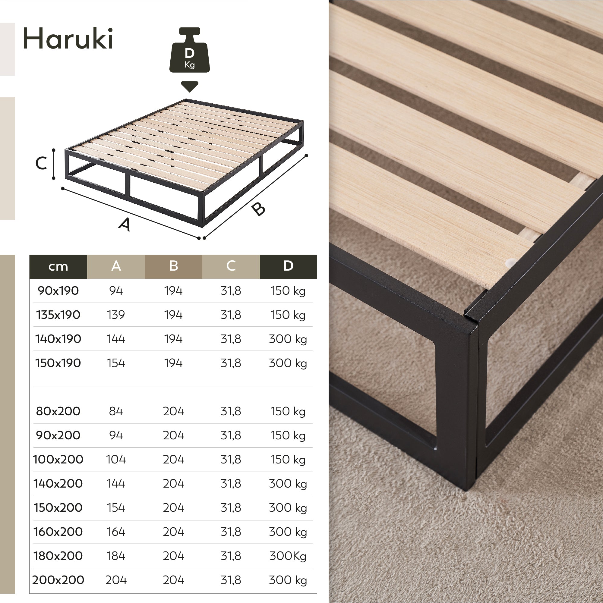 HARUKI - Letto con struttura metallica e doghe in legno naturale, spazio contenitivo di 31,8 cm - Nero o Bianco