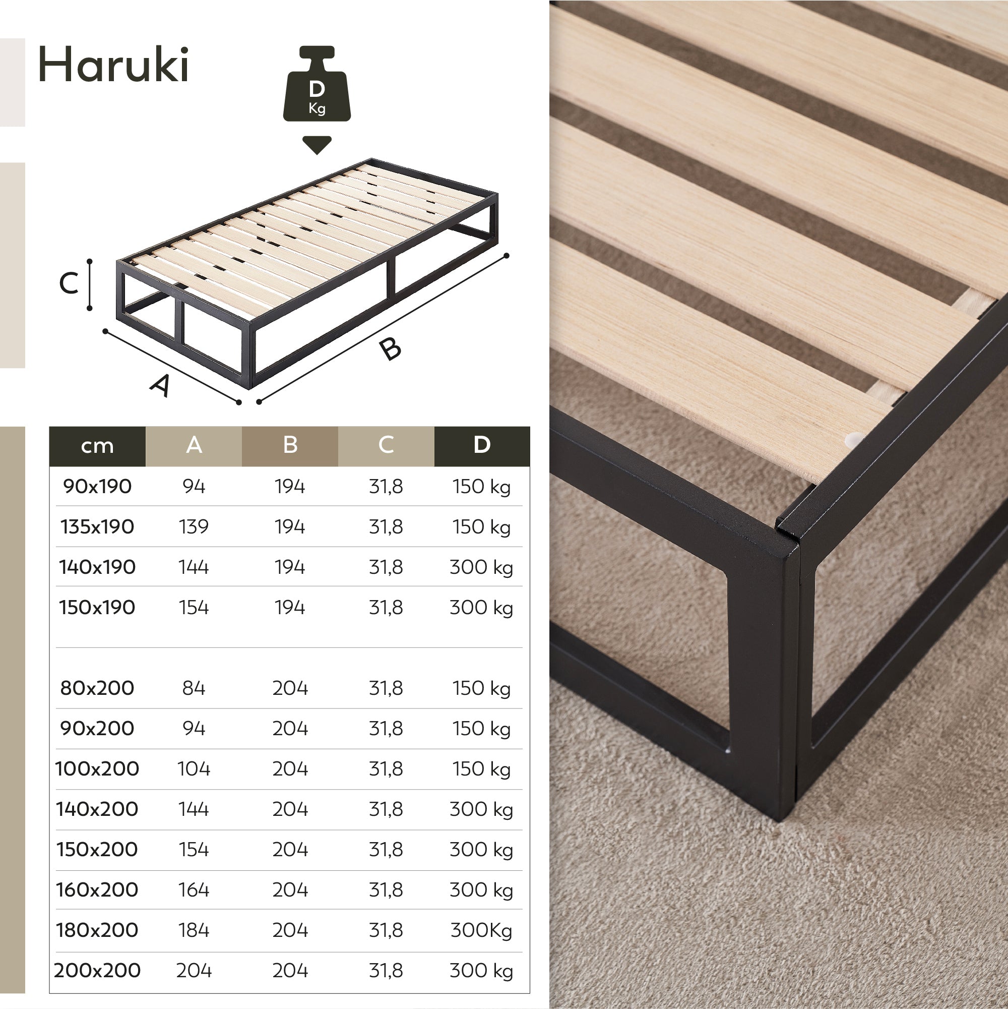 HARUKI - Letto con struttura metallica e doghe in legno naturale, spazio contenitivo di 31,8 cm - Nero o Bianco