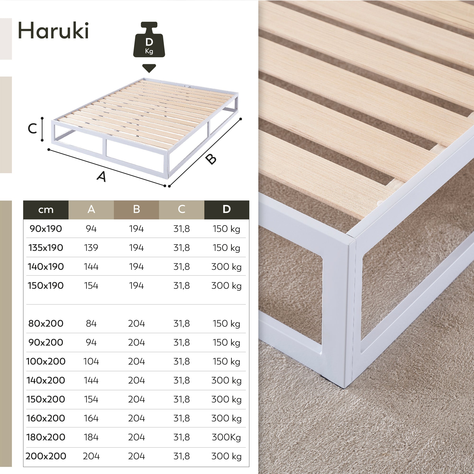 HARUKI - Letto con struttura metallica e doghe in legno naturale, spazio contenitivo di 31,8 cm - Nero o Bianco
