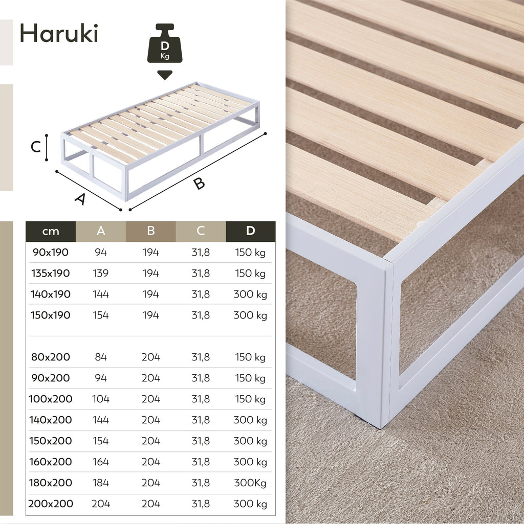 HARUKI - Letto con struttura metallica e doghe in legno naturale, spazio contenitivo di 31,8 cm - Nero o Bianco