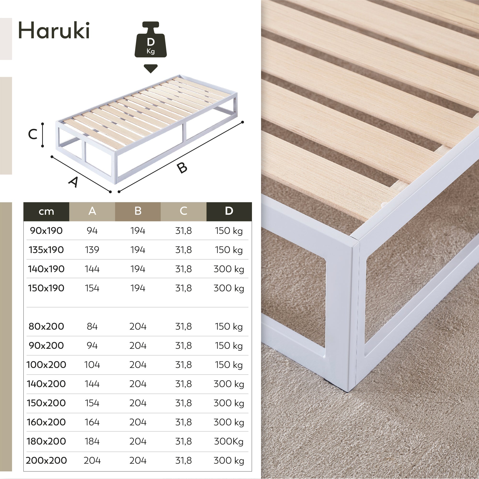 HARUKI - Letto con struttura metallica e doghe in legno naturale, spazio contenitivo di 31,8 cm - Nero o Bianco