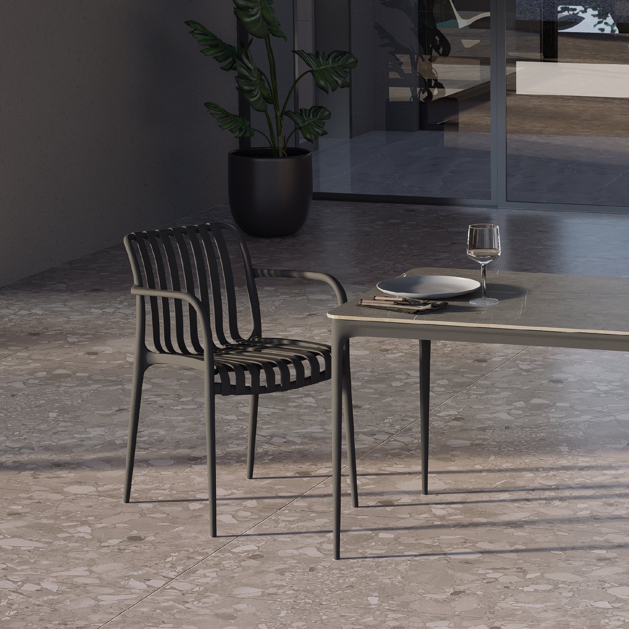 RUTH + WENDY | Conjunto de mesa 140x80 cm en cerámica sinterizada y 4 o 6 sillas de polipropileno para interior y exterior
