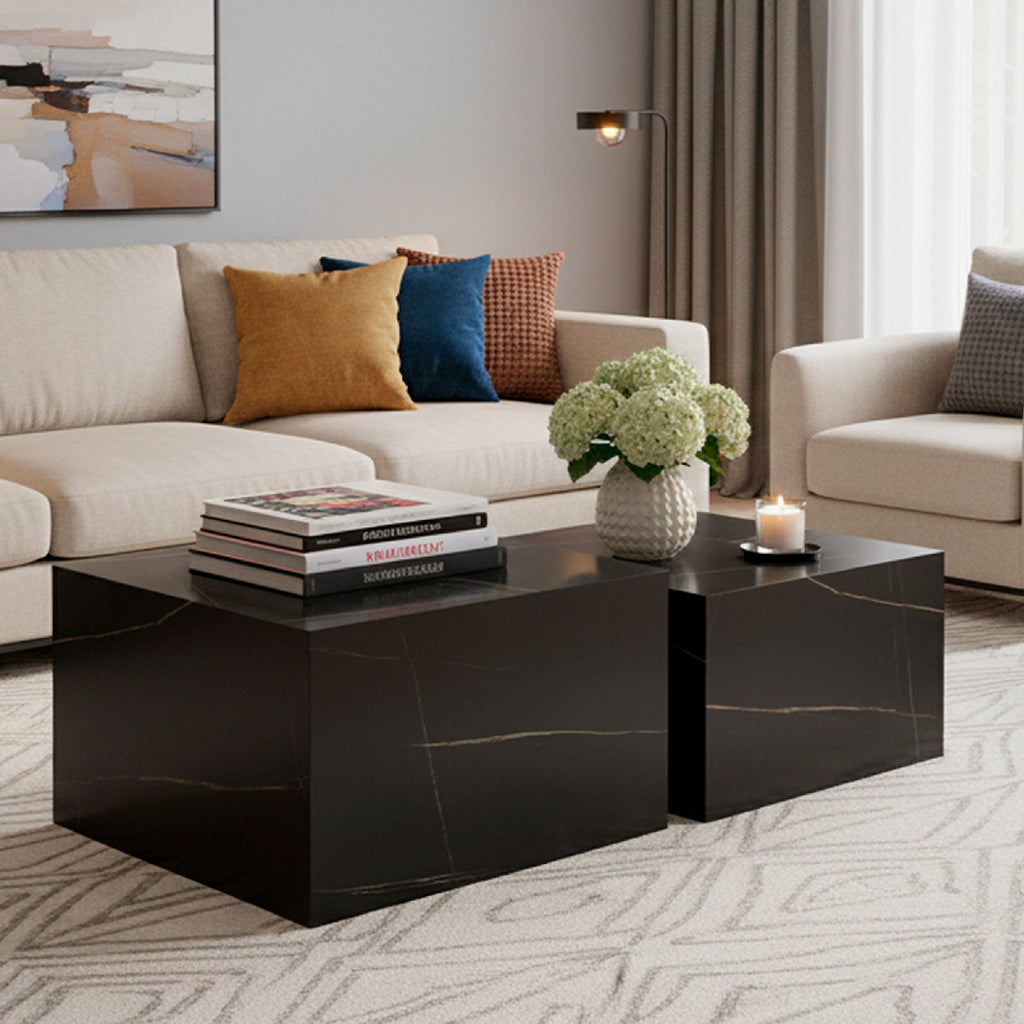 TANEDA - Conjunto de 2 mesas de centro quadradas em MDF preto com veios decorativos – 60 e 51 cm