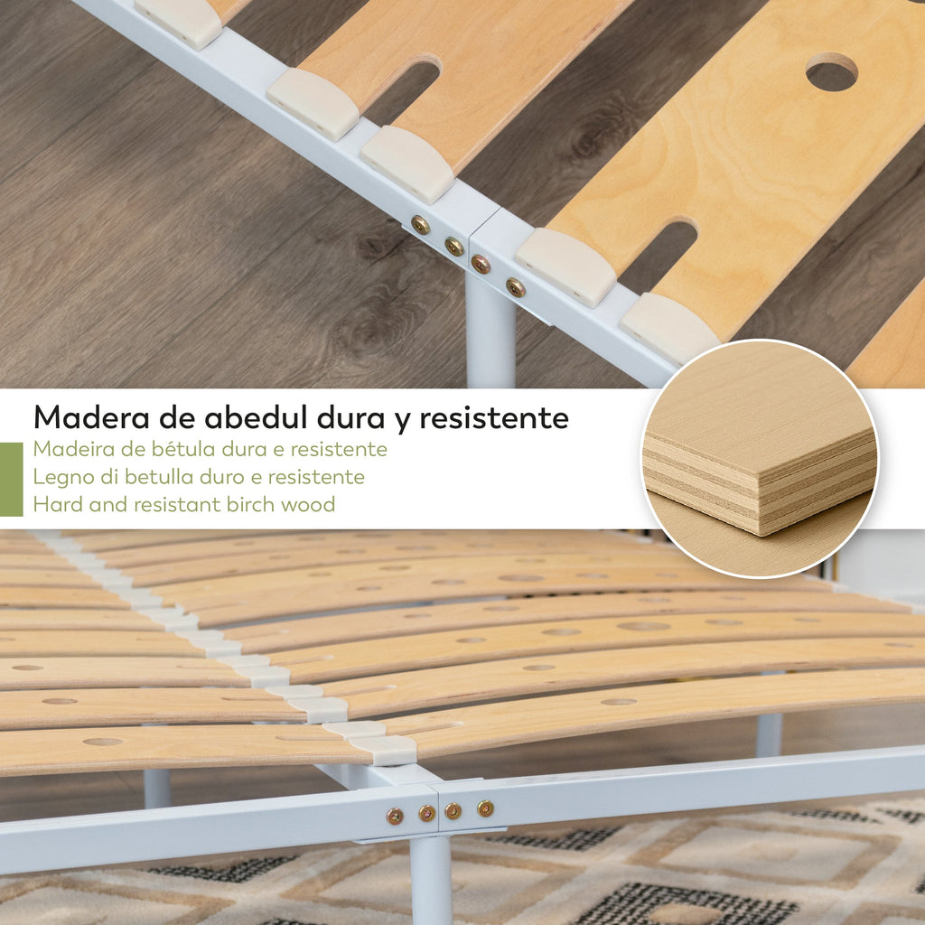 Austen | Estrado com réguas de madeira de bétula amortecidas, estrutura metálica branca, altura 23cm com espaço de arrumação inferior