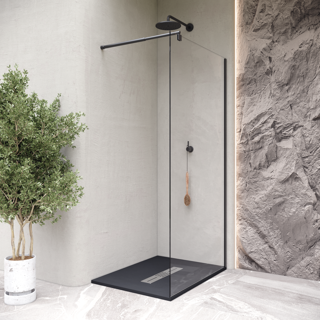 LUMIA - Piatto doccia nero antiscivolo, resistente e durevole - Incl. sifone e griglia inox
