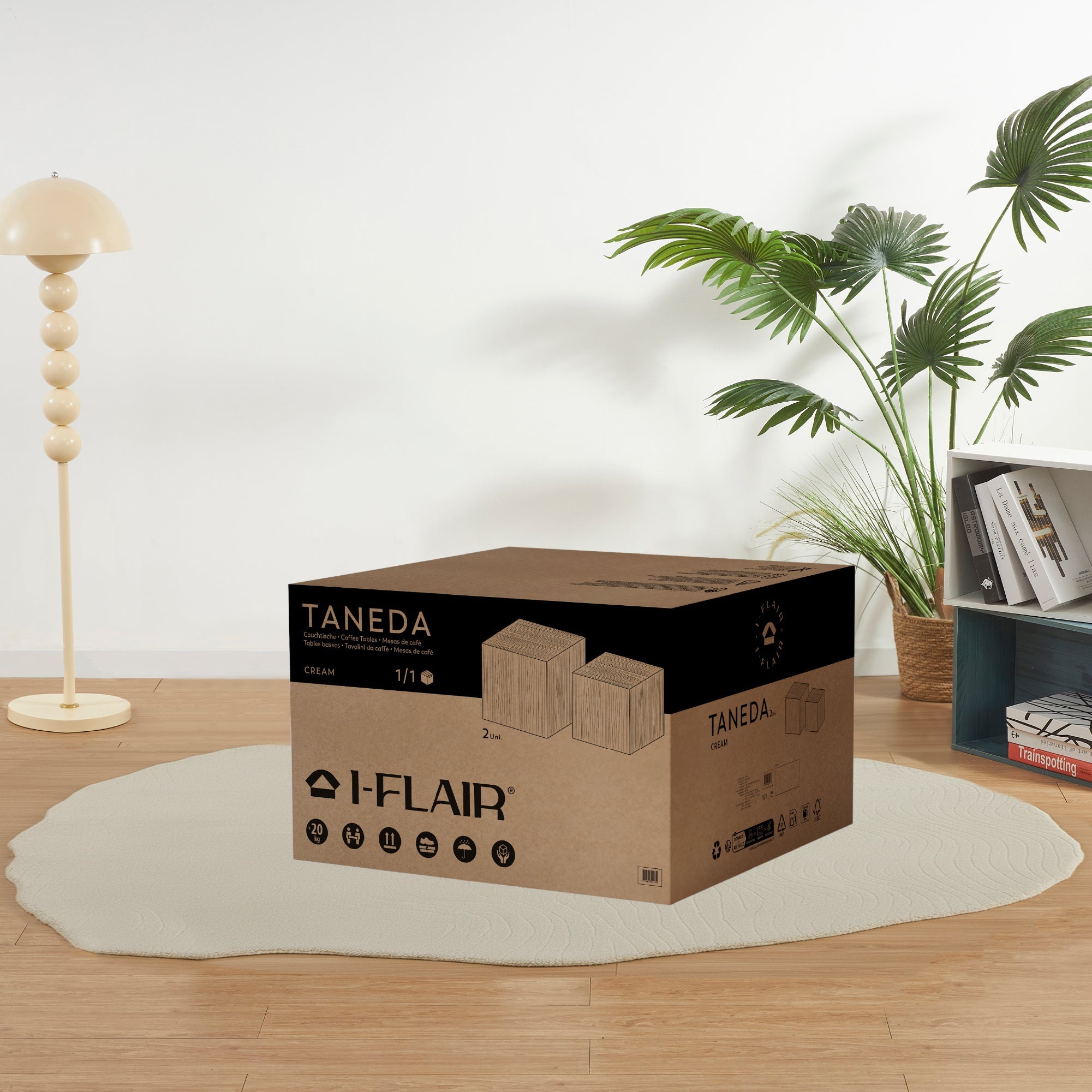 TANEDA - Conjunto de 2 mesas de centro quadradas em MDF preto com veios decorativos – 60 e 51 cm