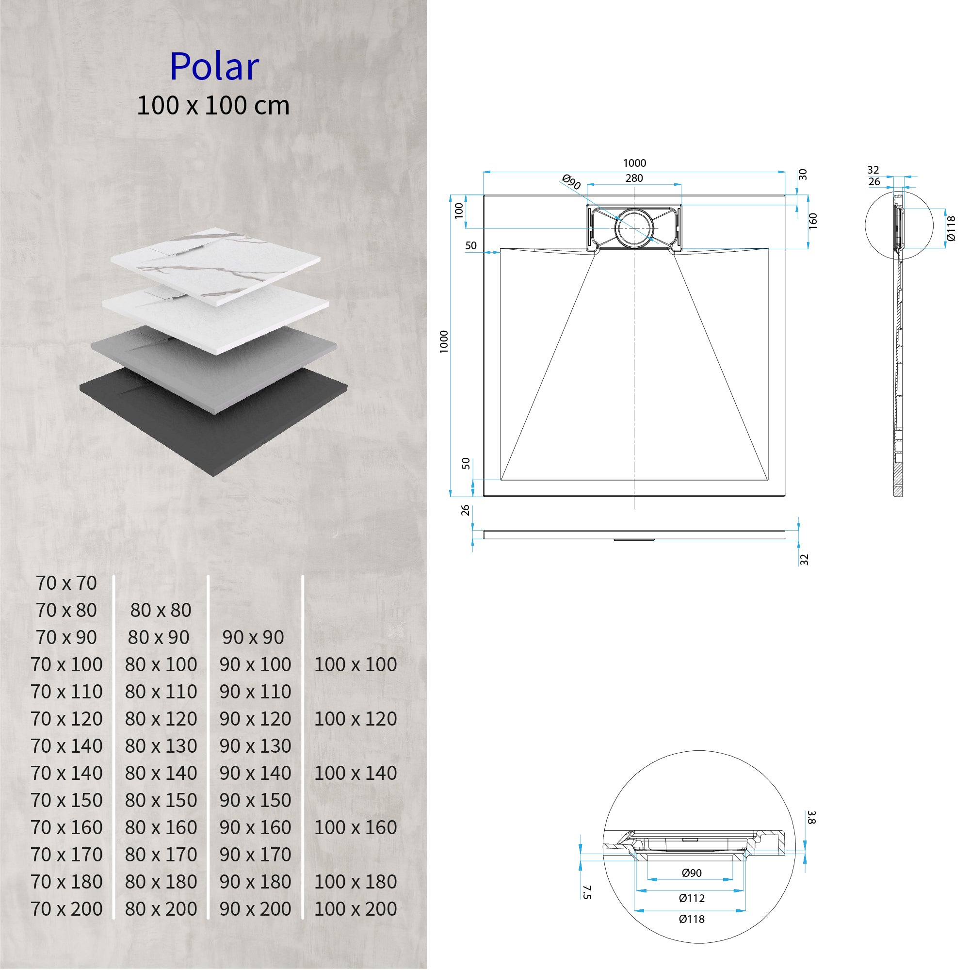 POLAR - Piatto doccia grigio antiscivolo, resistente, durevole e facile da pulire - Incl. sifone