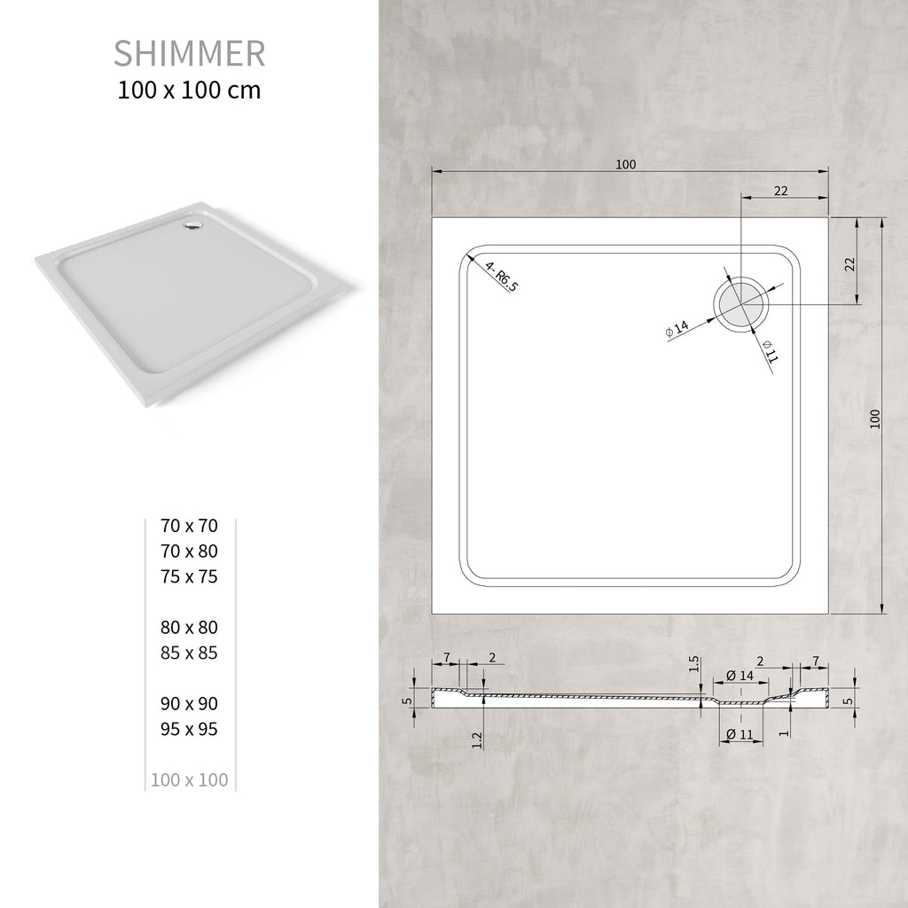 SHIMMER - Plato de ducha blanco Smooth acrílico, textura lisa, extraplano 5 cm, sifón y válvula incluidos