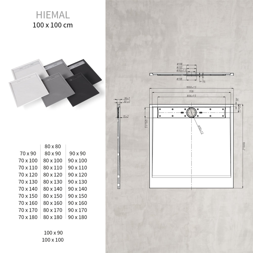 HIEMAL - Piatto doccia nero antiscivolo, resistente, durevole e facile da pulire - Include sifone