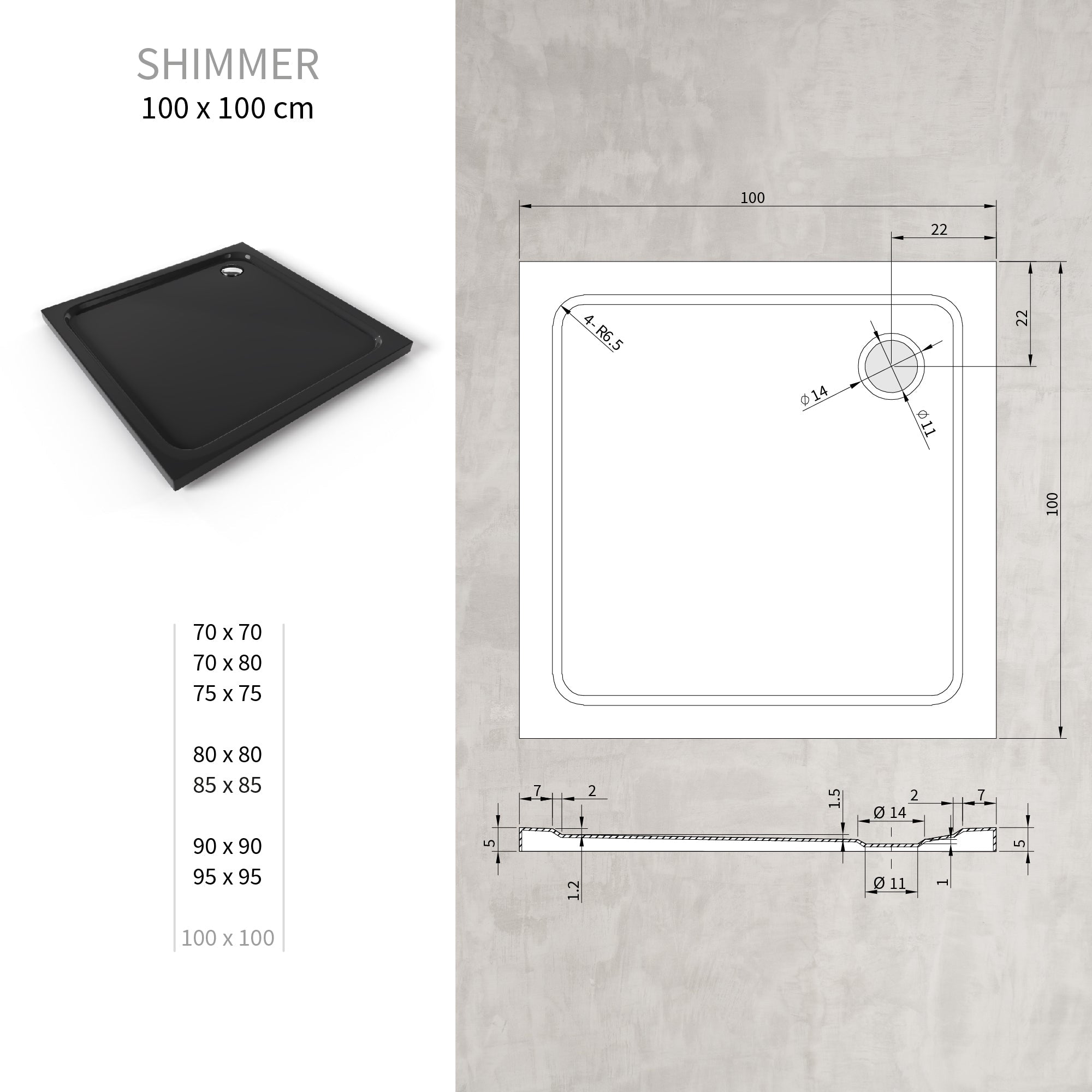SHIMMER - Piatto doccia nero Smooth acrilico, texture liscia, ultrasottile 5 cm, sifone e valvola inclusi
