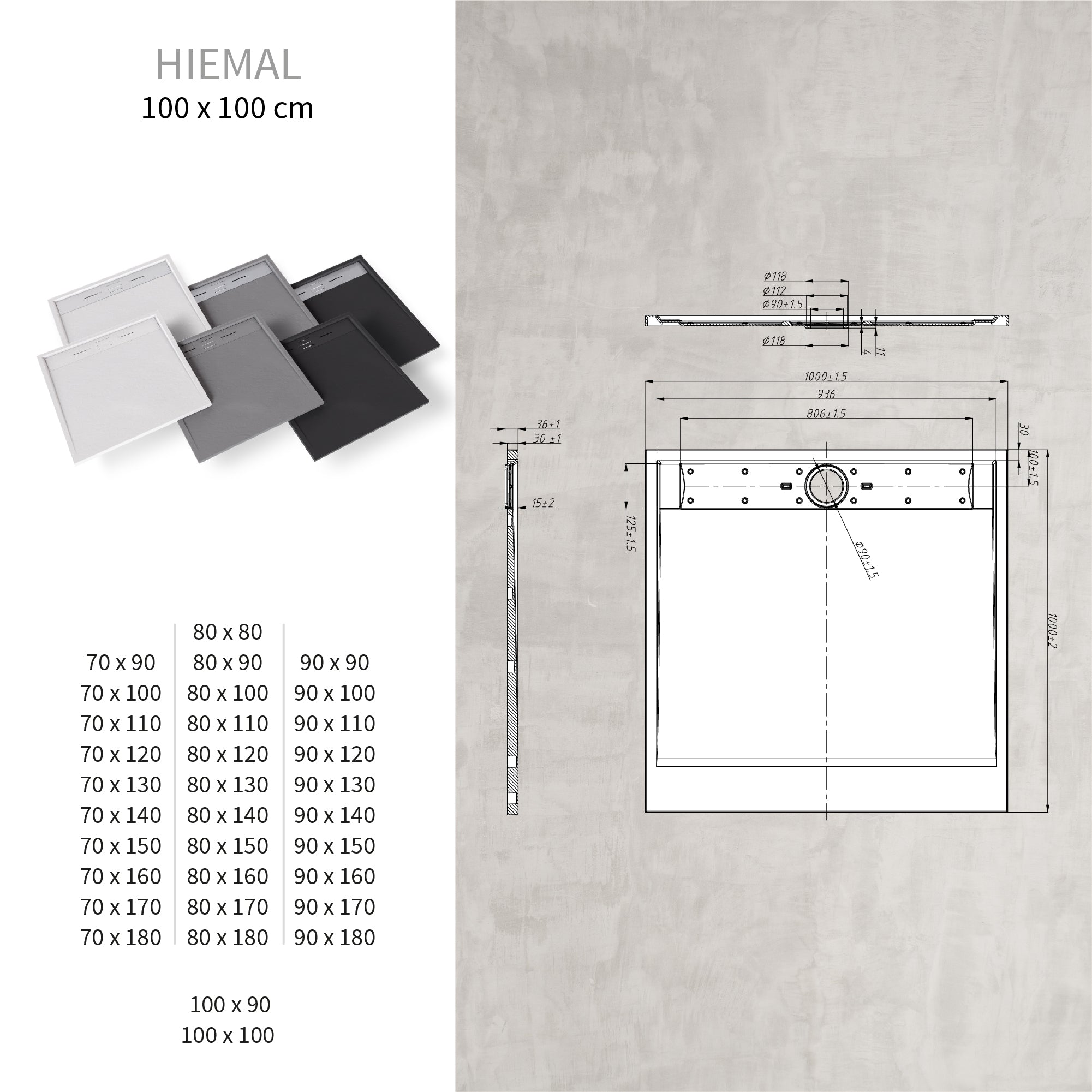 HIEMAL - Piatto doccia grigio antiscivolo, resistente e durevole - Incl. sifone e griglia inox
