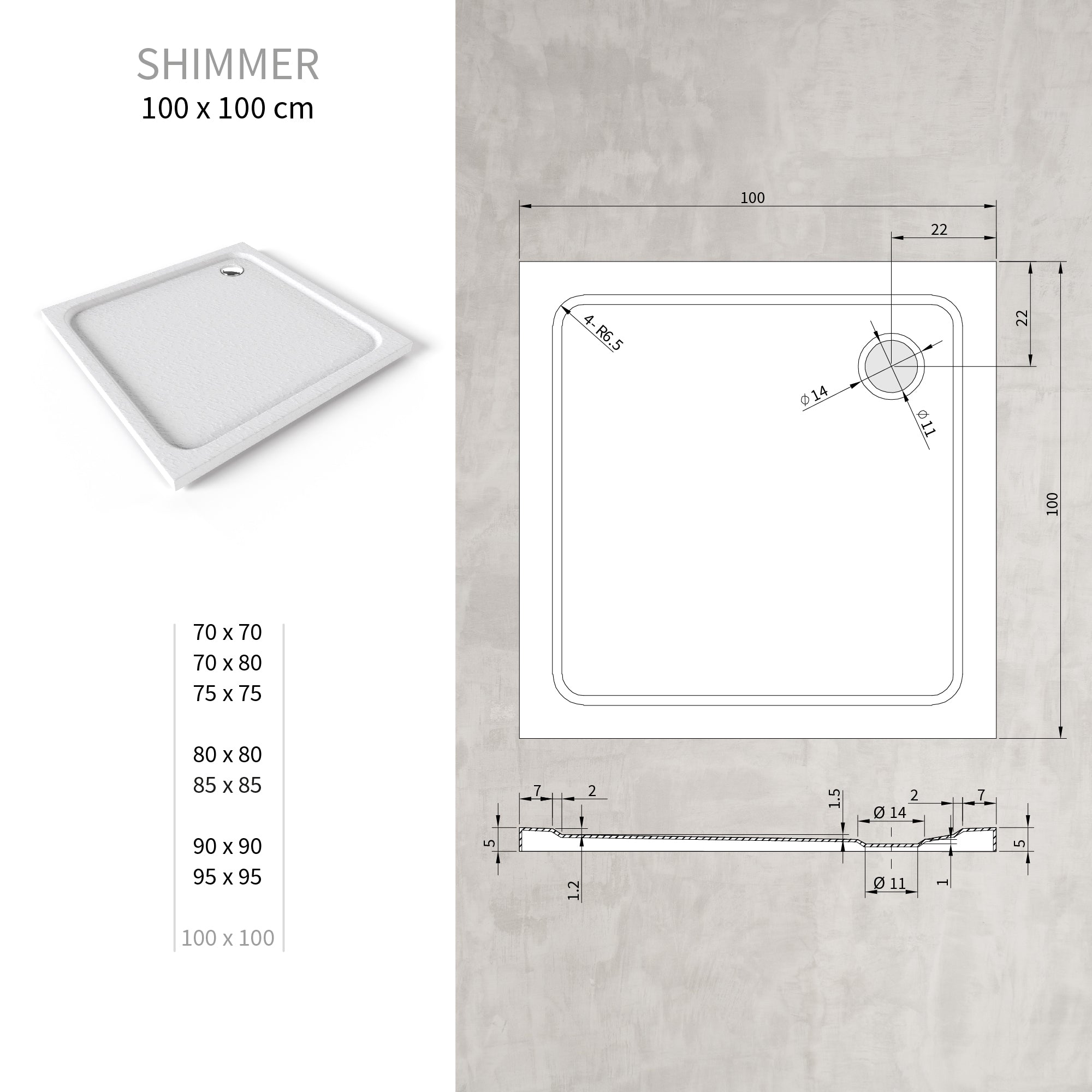 SHIMMER - Piatto doccia bianco Stone acrilico, texture pietra, ultrasottile 5 cm, sifone e valvola inclusi