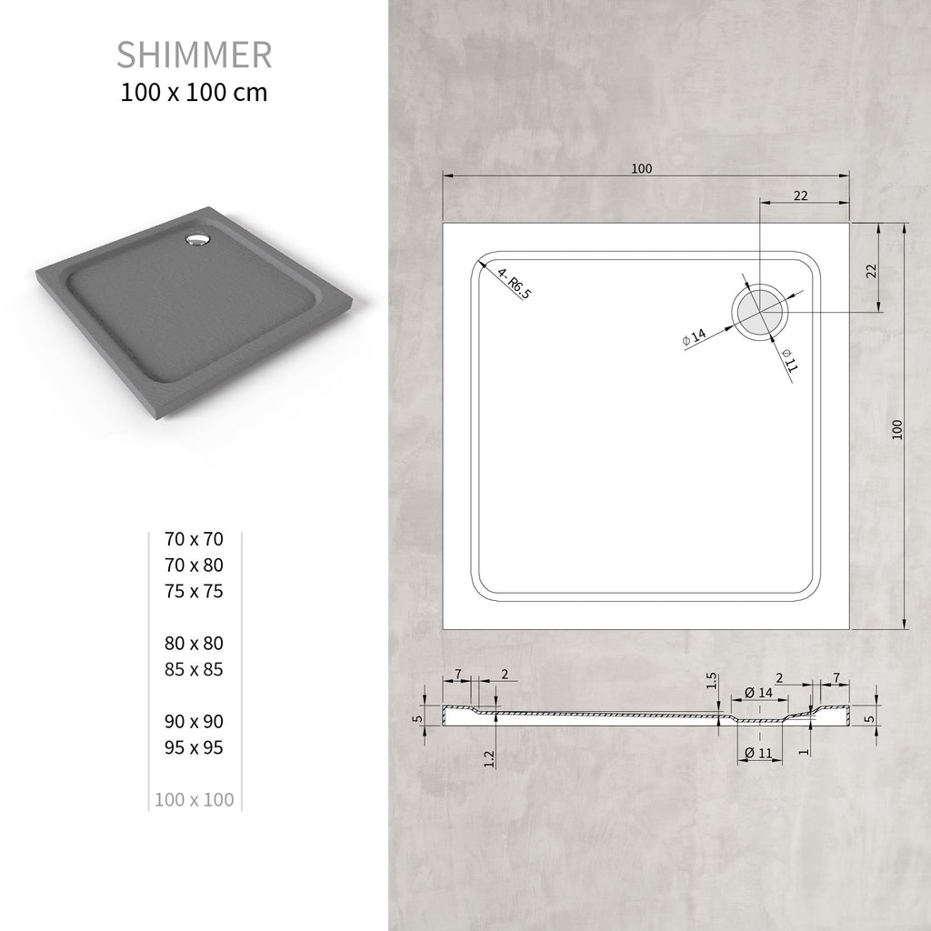 SHIMMER - Piatto doccia grigio Stone acrilico, texture pietra, ultrasottile 5 cm, sifone e valvola inclusi