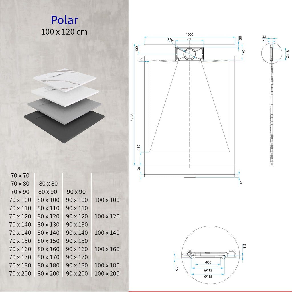 POLAR - Piatto doccia bianco antiscivolo, resistente, durevole e facile da pulire - Incl. sifone