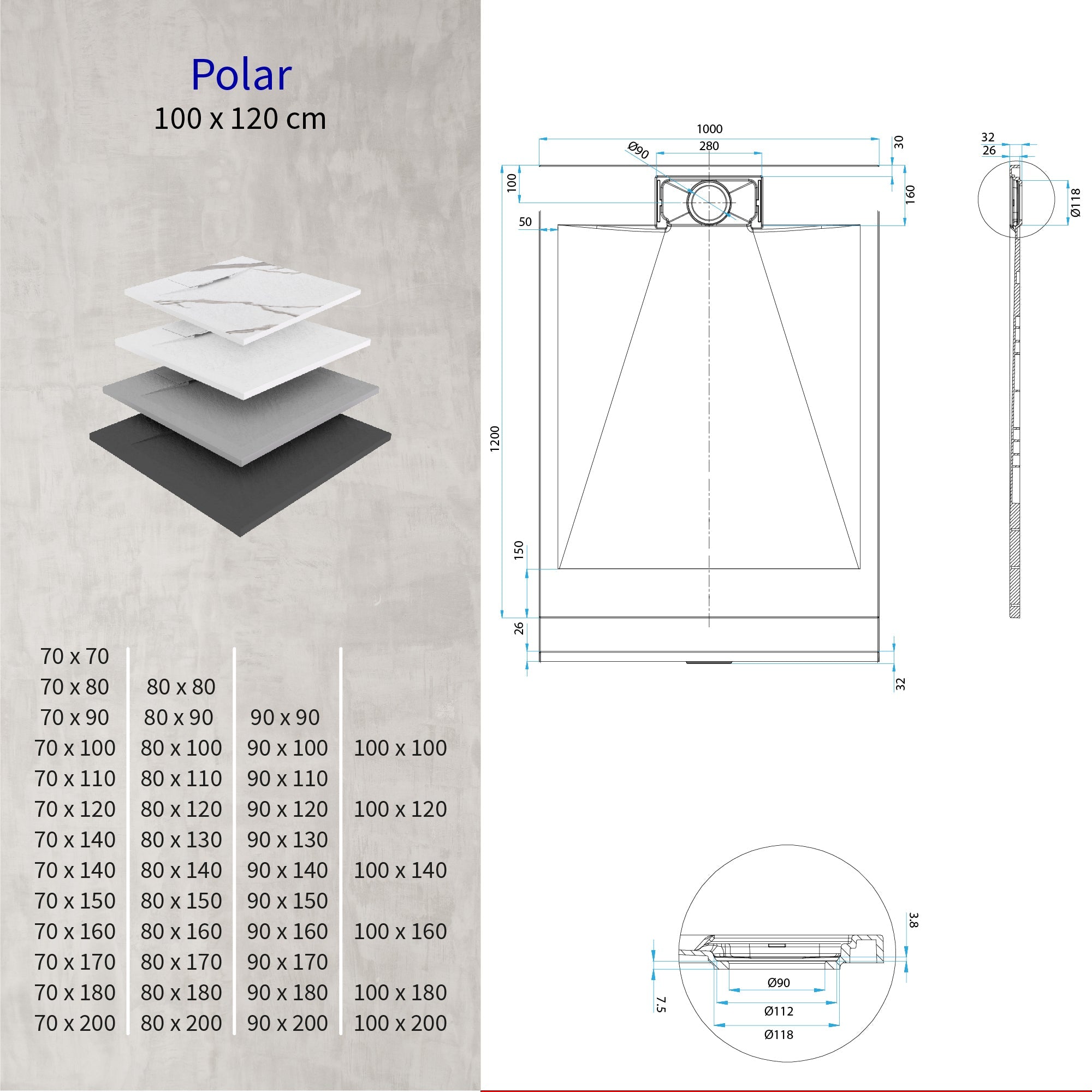 POLAR - Piatto doccia bianco antiscivolo, resistente, durevole e facile da pulire - Incl. sifone