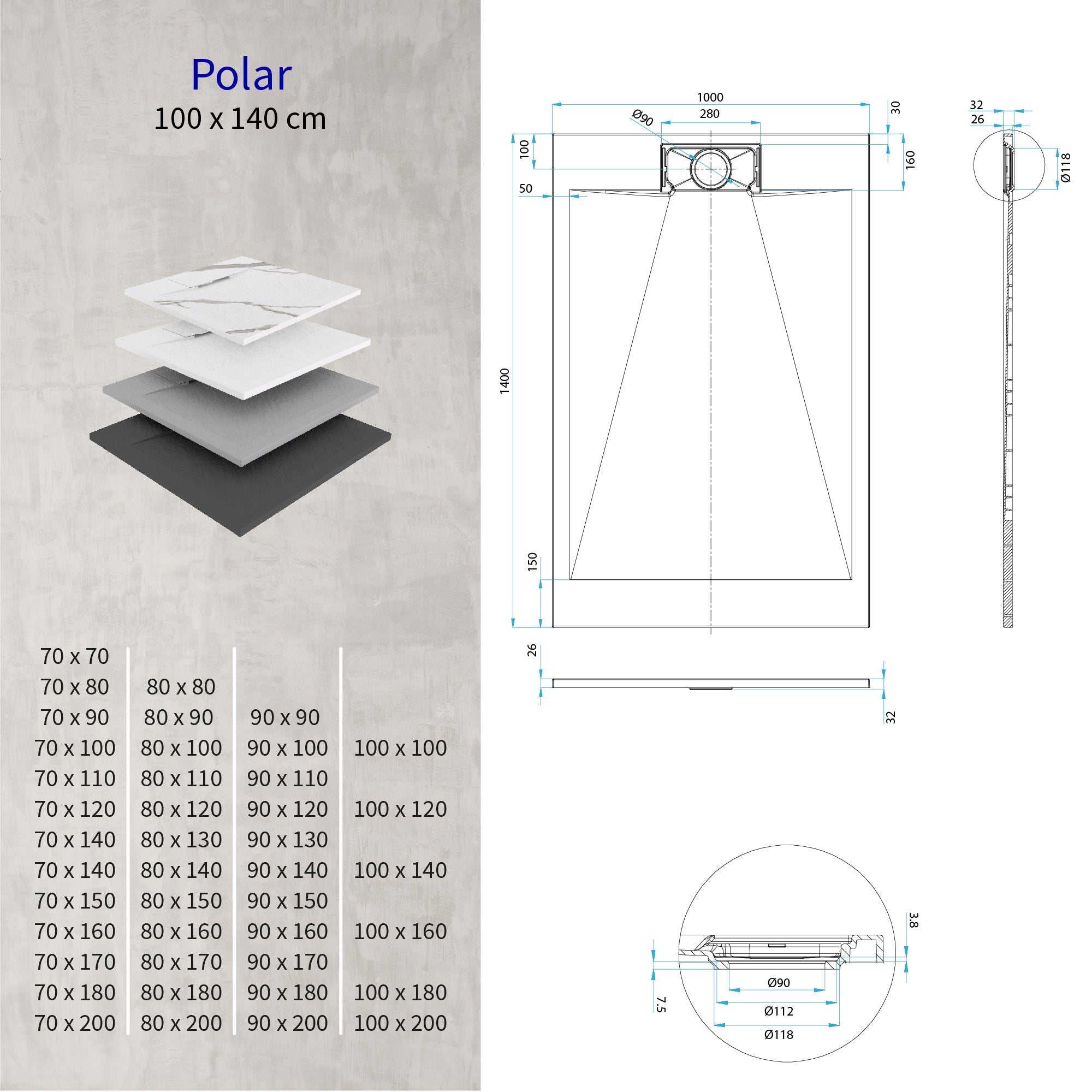 POLAR - Piatto doccia grigio antiscivolo, resistente, durevole e facile da pulire - Incl. sifone