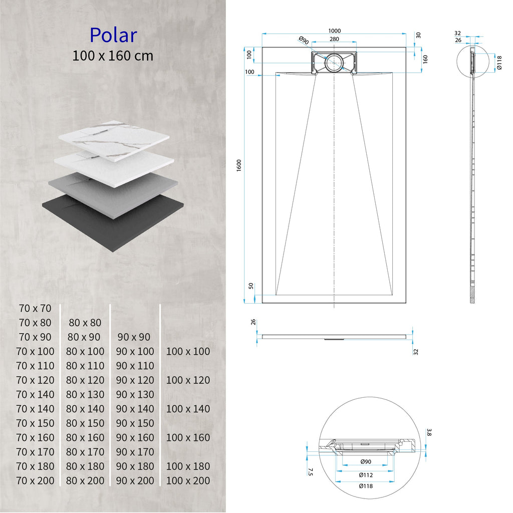 POLAR - Piatto doccia grigio antiscivolo, resistente, durevole e facile da pulire - Incl. sifone