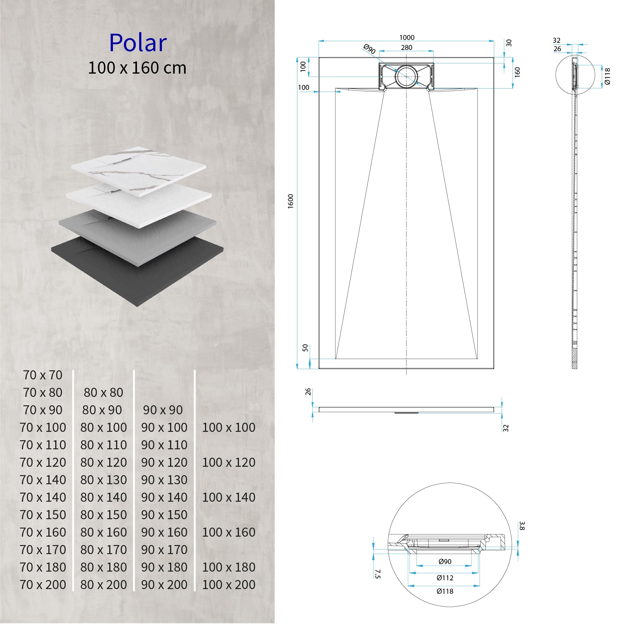 POLAR - Piatto doccia grigio antiscivolo, resistente, durevole e facile da pulire - Incl. sifone
