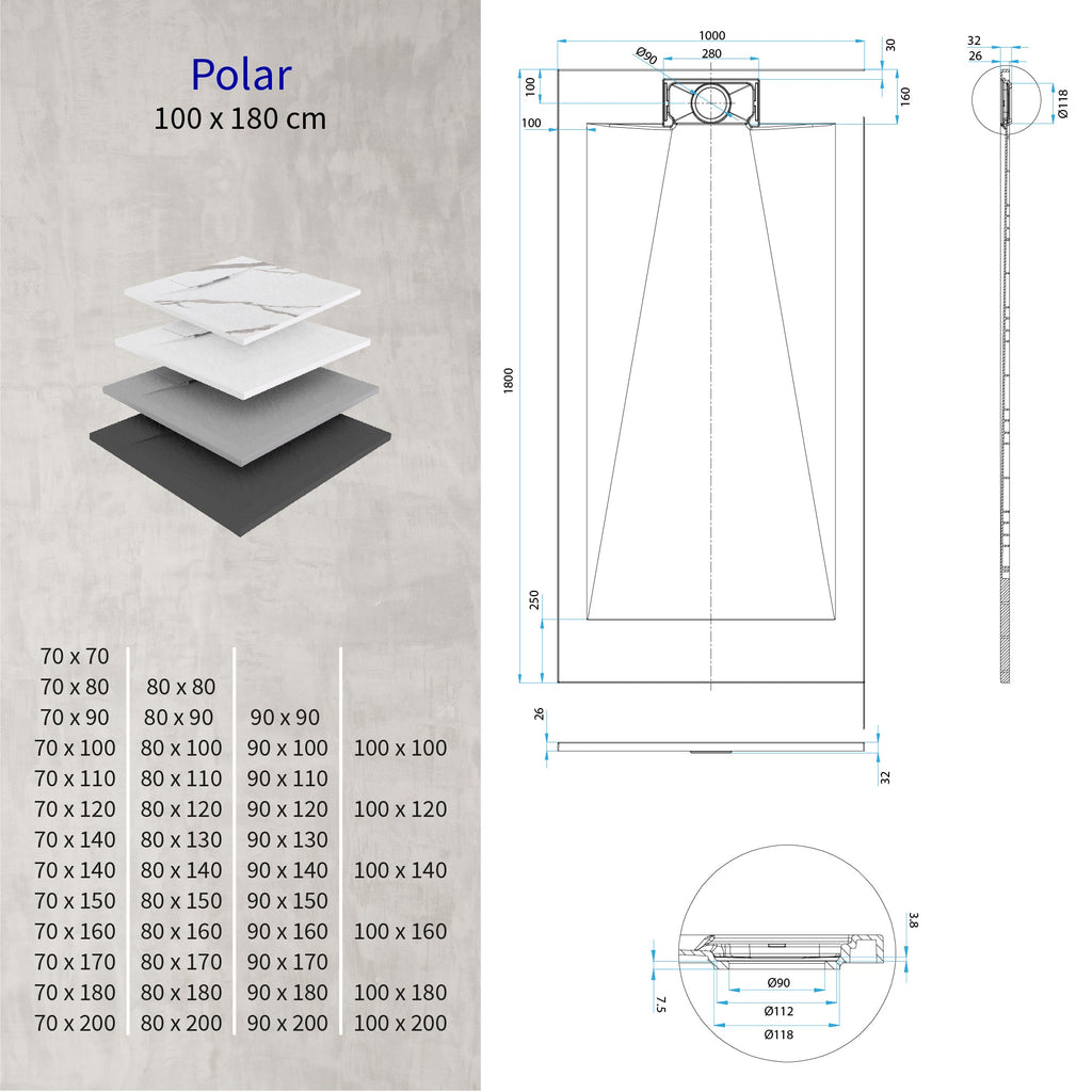 POLAR - Piatto doccia nero antiscivolo, resistente, durevole e facile da pulire - Incl. sifone