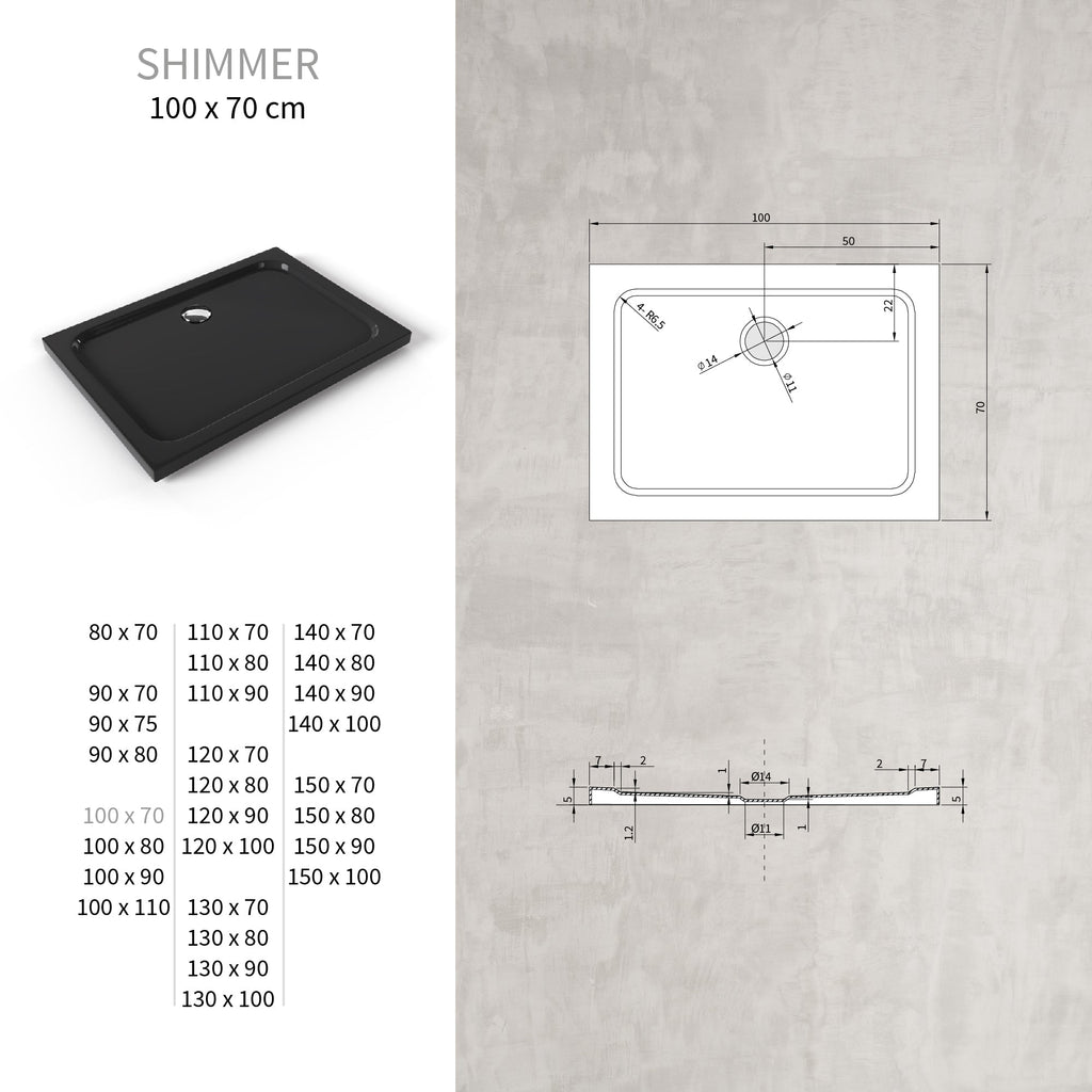 SHIMMER - Piatto doccia nero Smooth acrilico, texture liscia, ultrasottile 5 cm, sifone e valvola inclusi