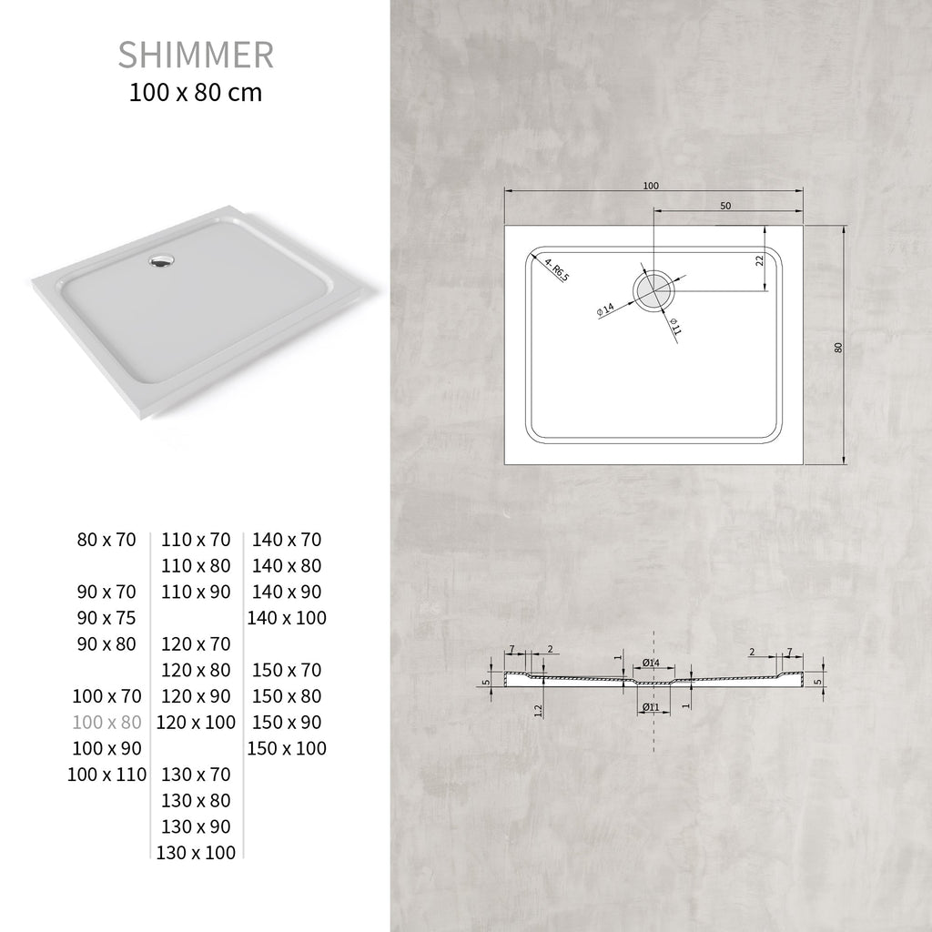 SHIMMER - Plato de ducha blanco Smooth acrílico, textura lisa, extraplano 5 cm, sifón y válvula incluidos