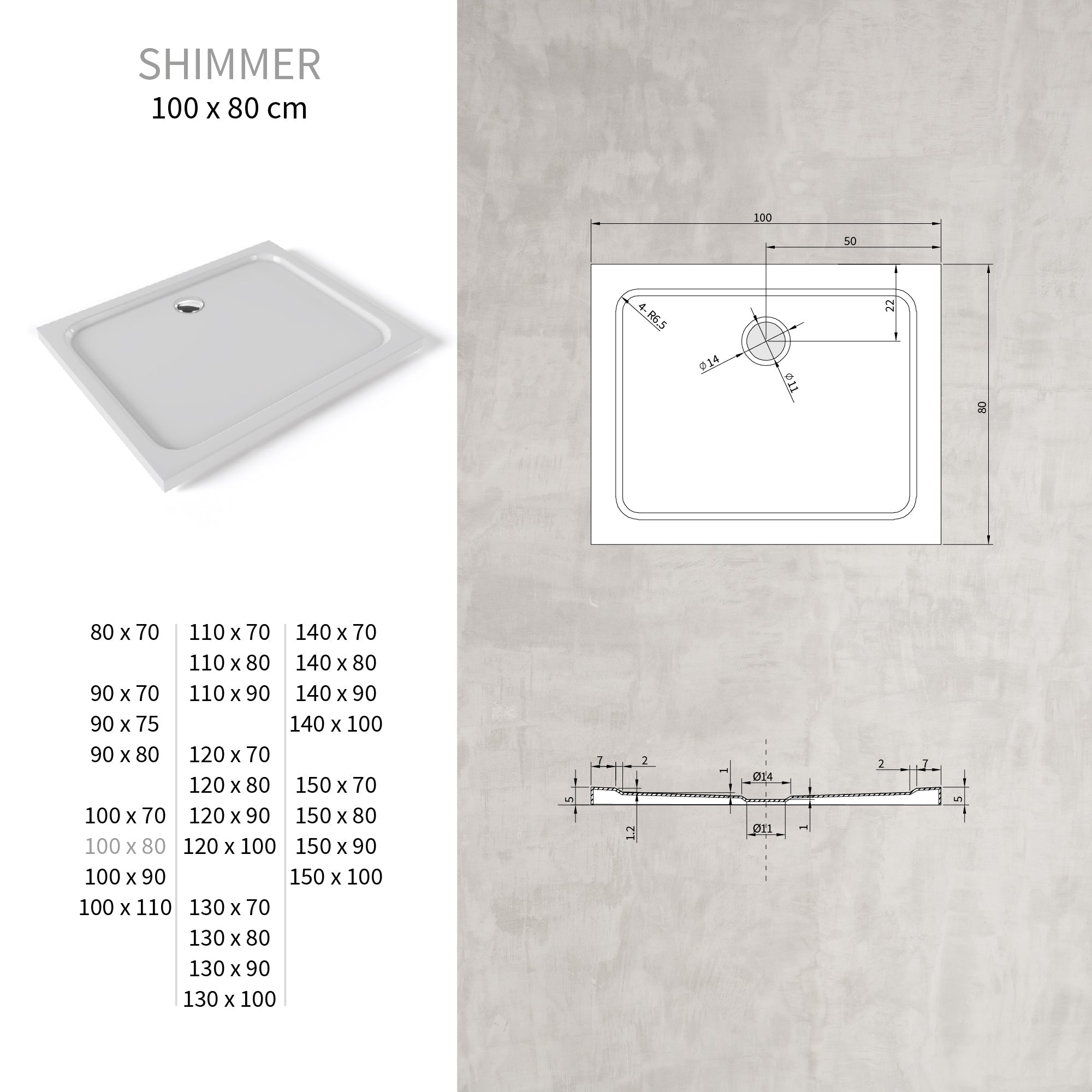 SHIMMER - Plato de ducha blanco Smooth acrílico, textura lisa, extraplano 5 cm, sifón y válvula incluidos